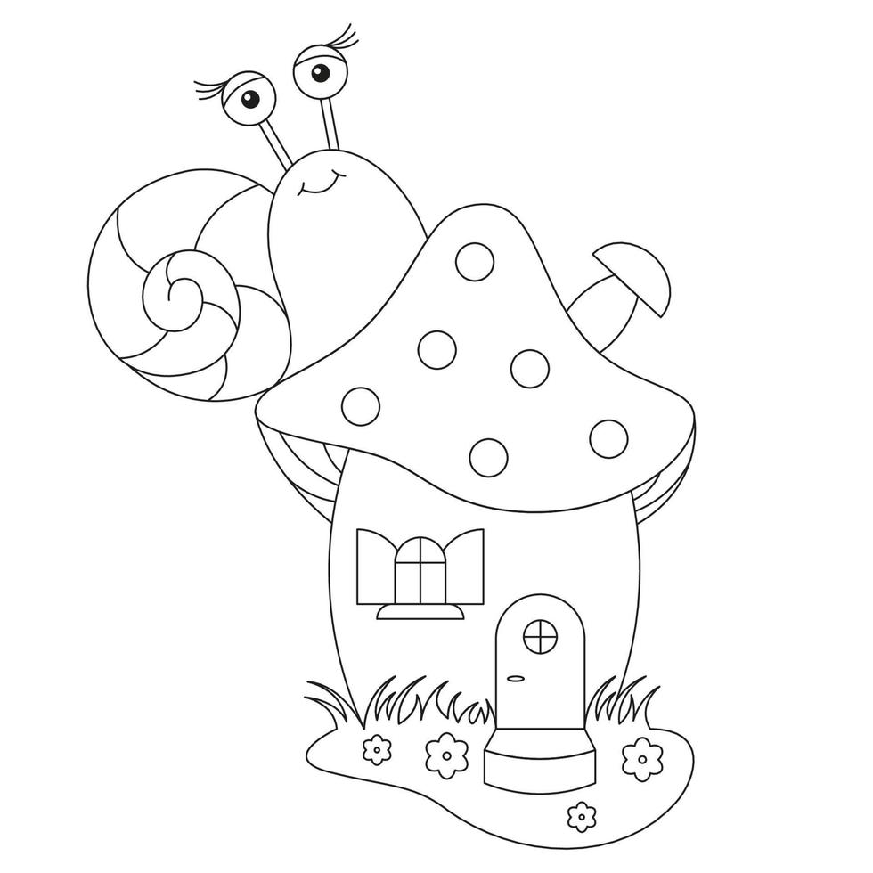 coloring page outline of cartoon cute snail sits on a mushroom. colorful vector illustration, summer coloring book for kids