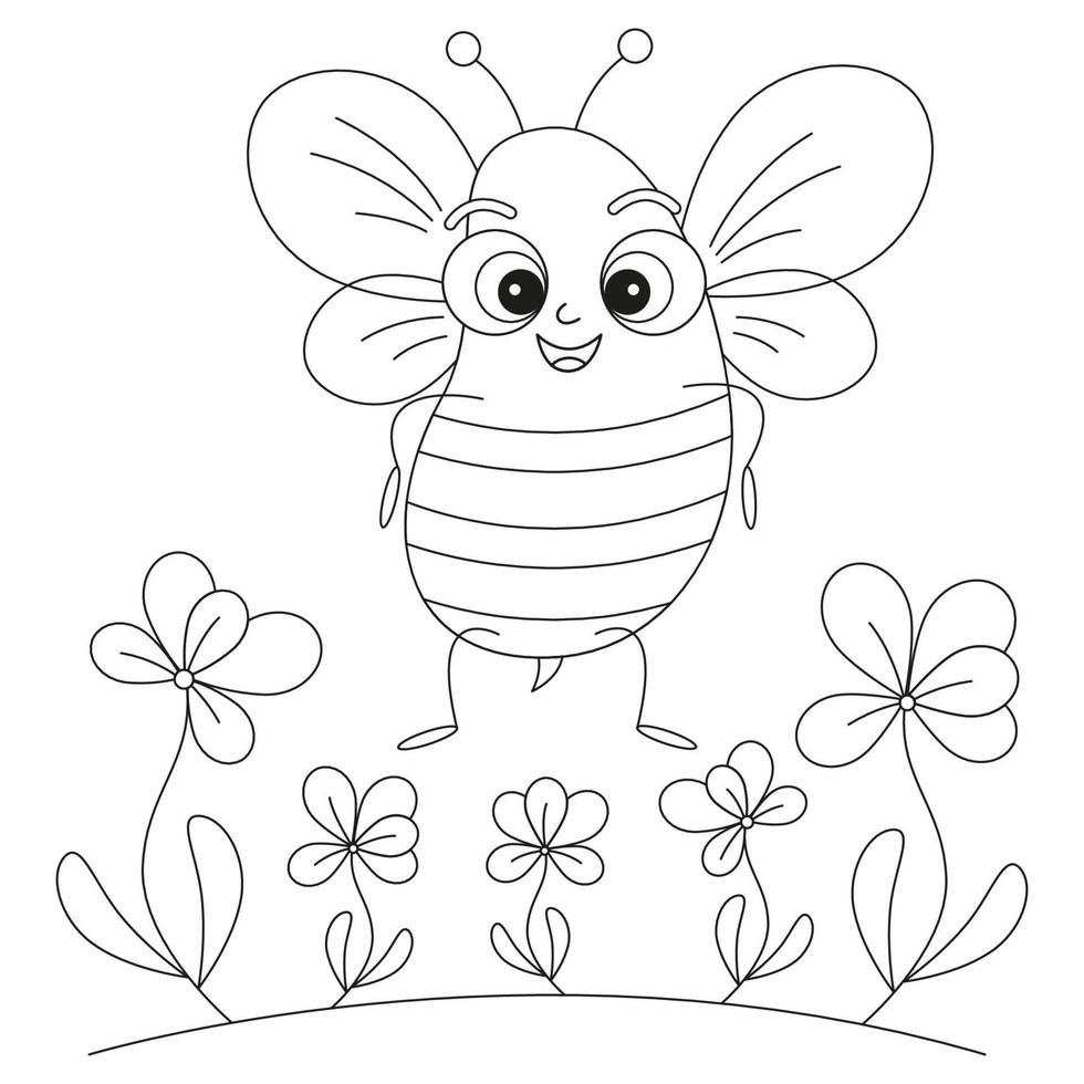 coloring page outline of cartoon cute bee flies over the flowers. colorful vector illustration, summer coloring book for kids