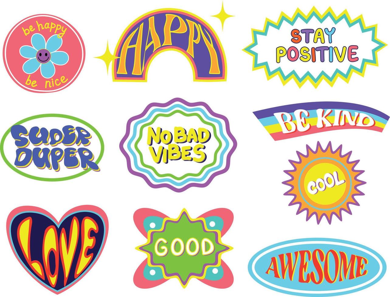 Set of Trendy Cool y2k Hipster Stickers. Cartoon Label Patches with Lettering. Vector Hipster Vaporwave Stickers in Geometric Shapes y2k Style