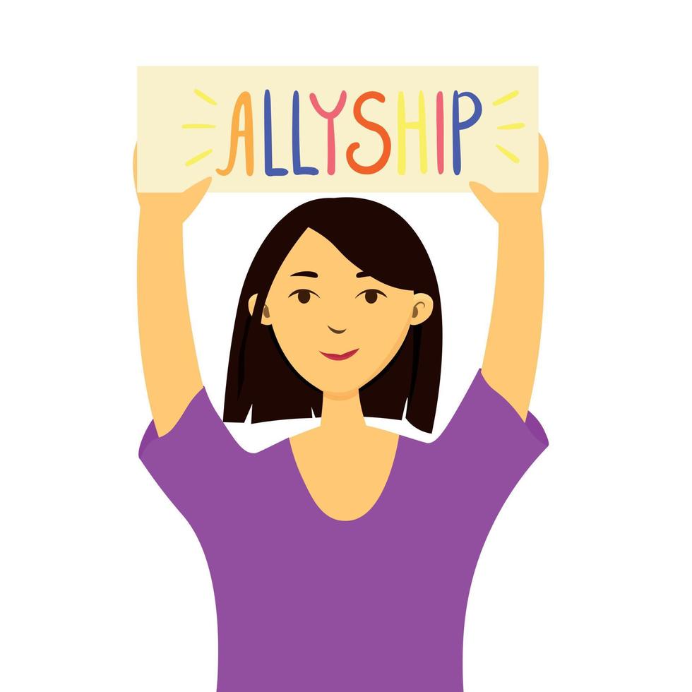 ilustración vectorial del concepto de mujeres aliadas. feminismo aliado. chica asiática con cartel de alianza. solidaridad multicultural de mujeres vector