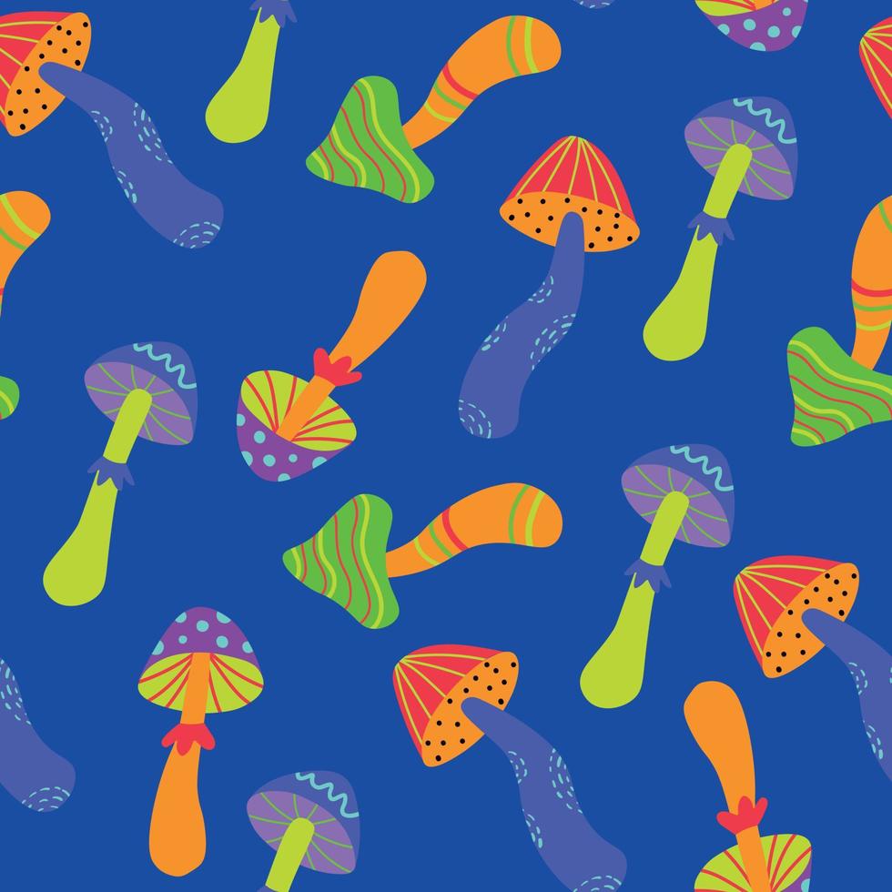 Seamless Vector Vibrant Pattern with Trippy Mushrooms on Bright Blue Background. Acid Trippy Mushrooms Pattern