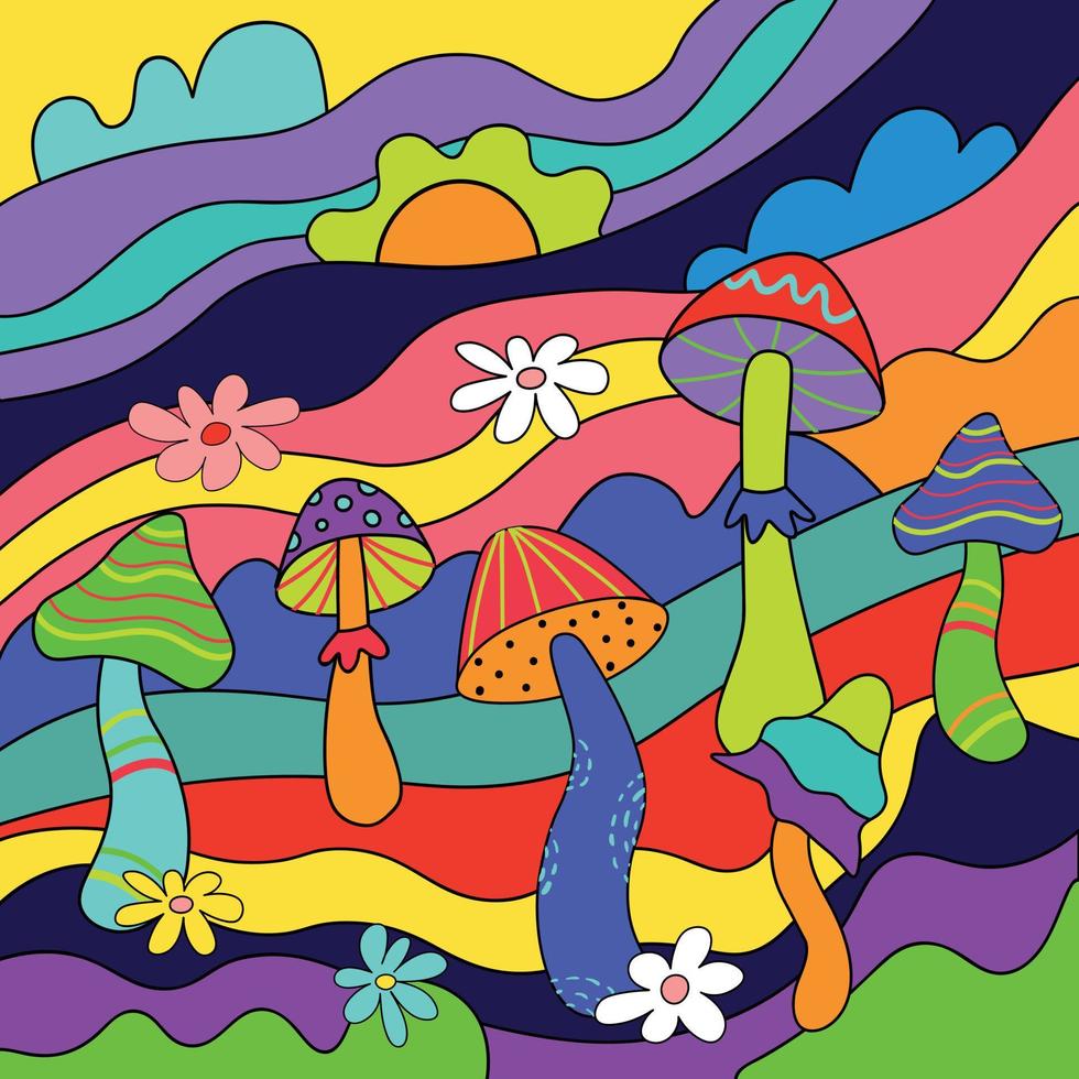 Vector Illustration of Acid Trippy Mushrooms. Psychedelic Hippy Landscape Illustration with Trippy Vibrant Mushrooms