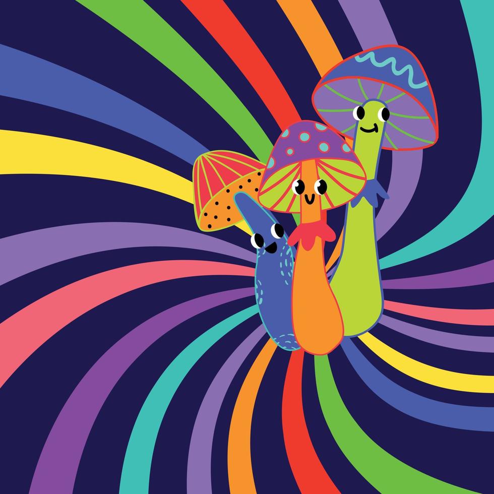 Illustration of Trippy Psychedelic Mushrooms on Colorful Striped Background. Good Vibes Illustration. Acid Cool Dude Mushrooms vector