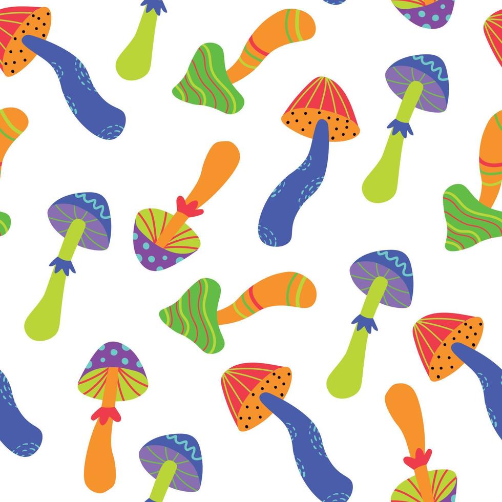 Seamless Vector Vibrant Pattern with Trippy Mushrooms on Transparent Background. Acid Trippy Mushrooms Pattern. Retro Vibes 1970