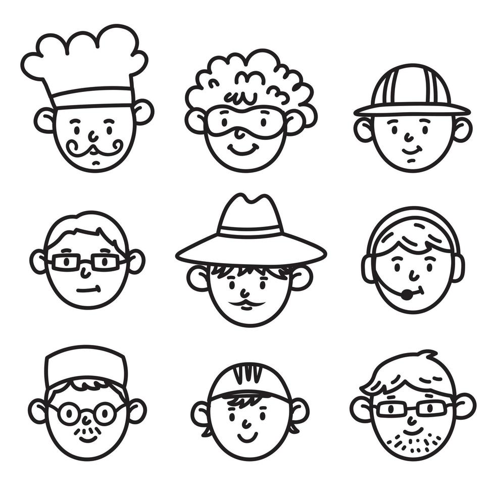 Vector Set of Doodle Sketch of Man Faces. Linear Icons of a Man of Different Professions. Set of Funny Cartoon Faces of Boy