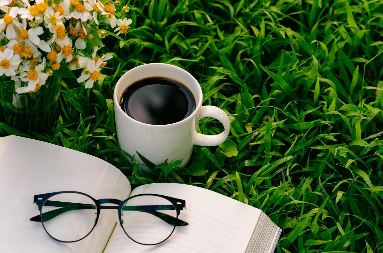 ocio por la mañana en el jardín con café, libros y flores en el césped. foto