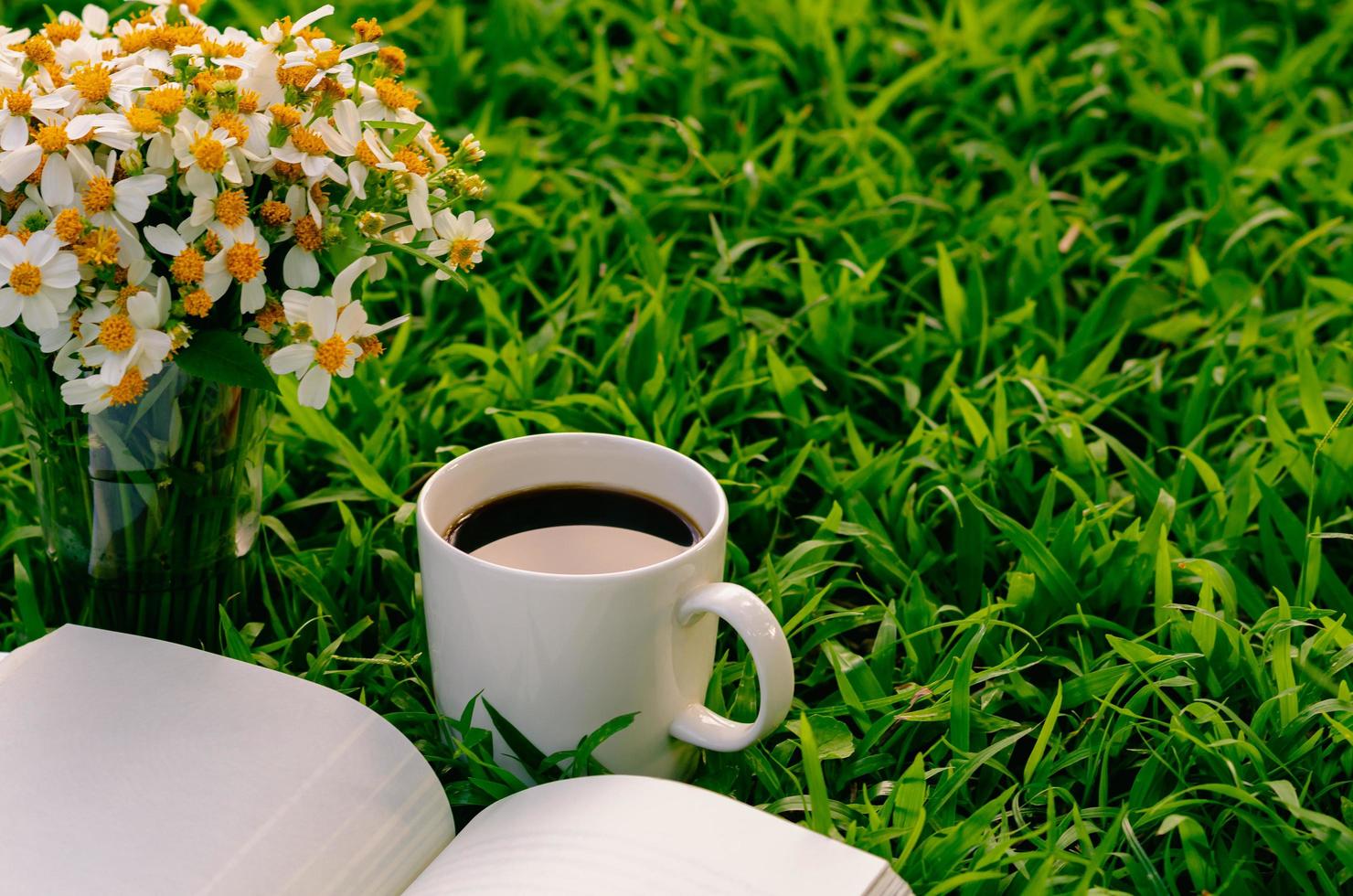 Leisure in morning at garden with coffee, book and flowers on the lawn. photo