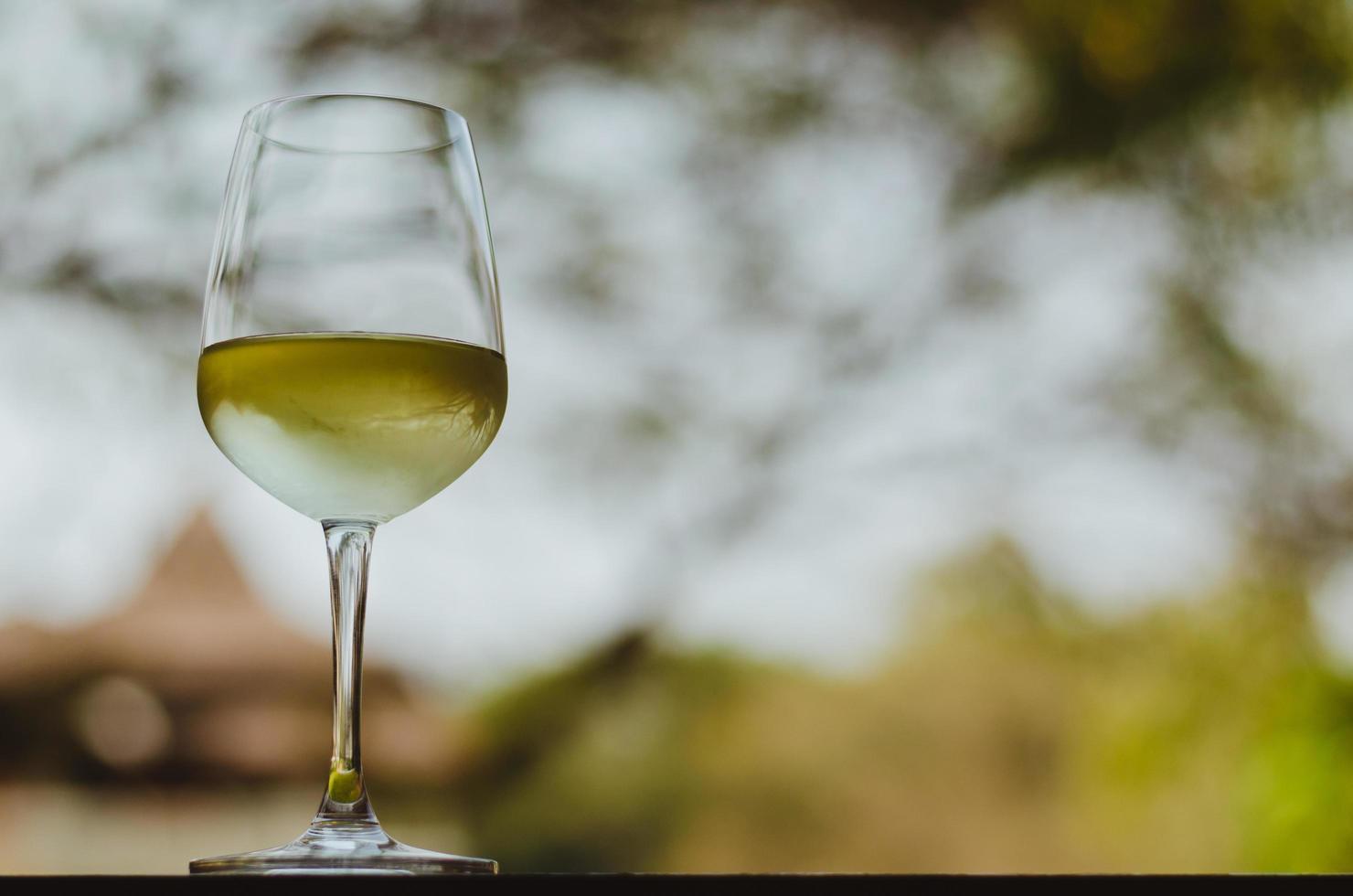 A glass of white wine on table with blurry tree background. photo