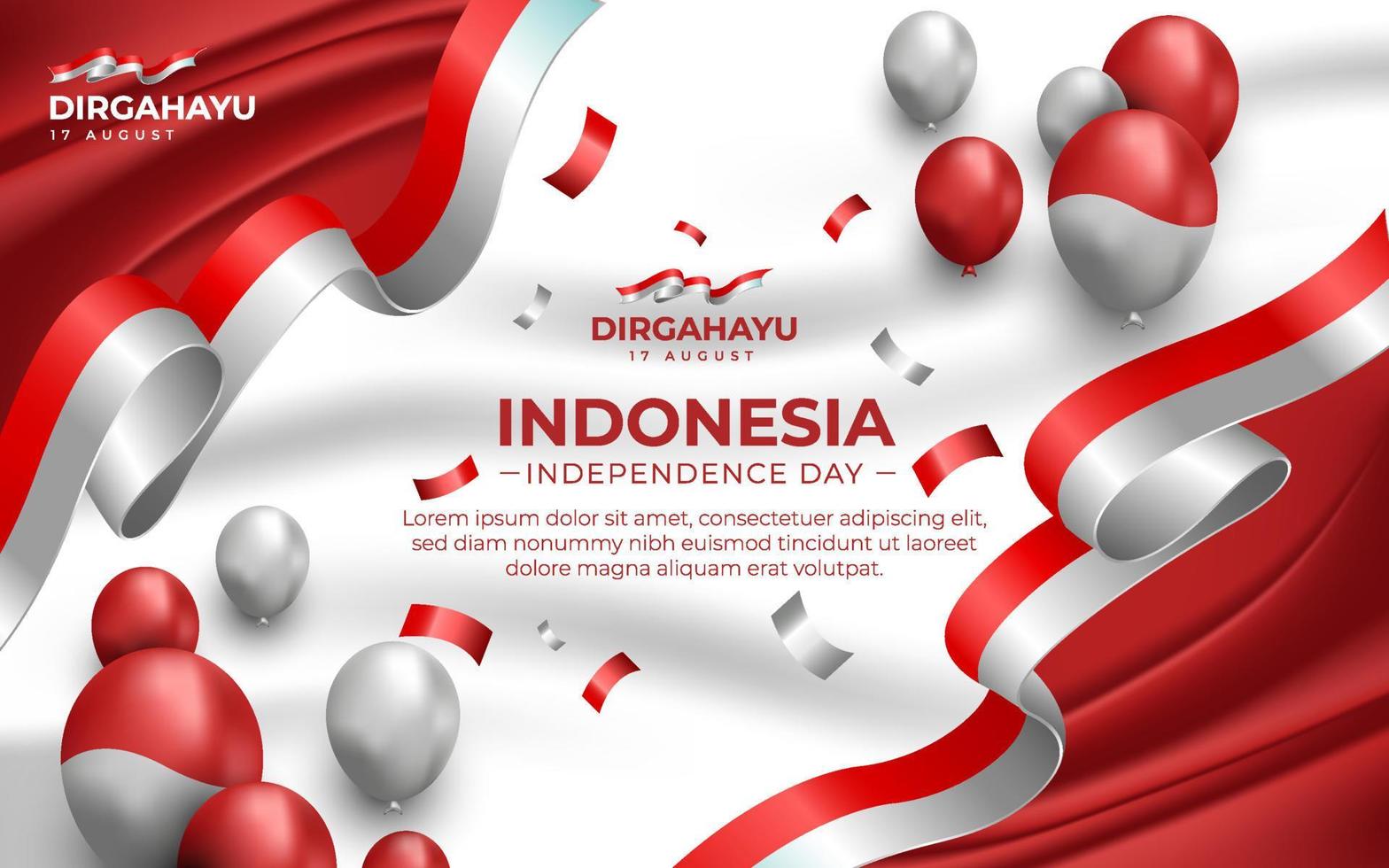 plantilla de banner de paisaje del día de la independencia de indonesia con globos realistas y cinta vector