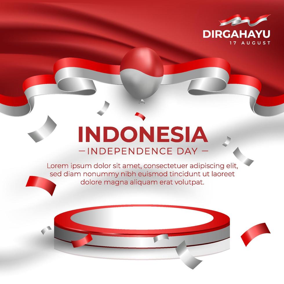 volante de redes sociales del día de la independencia de indonesia con cinta de bandera roja y blanca y podio vector