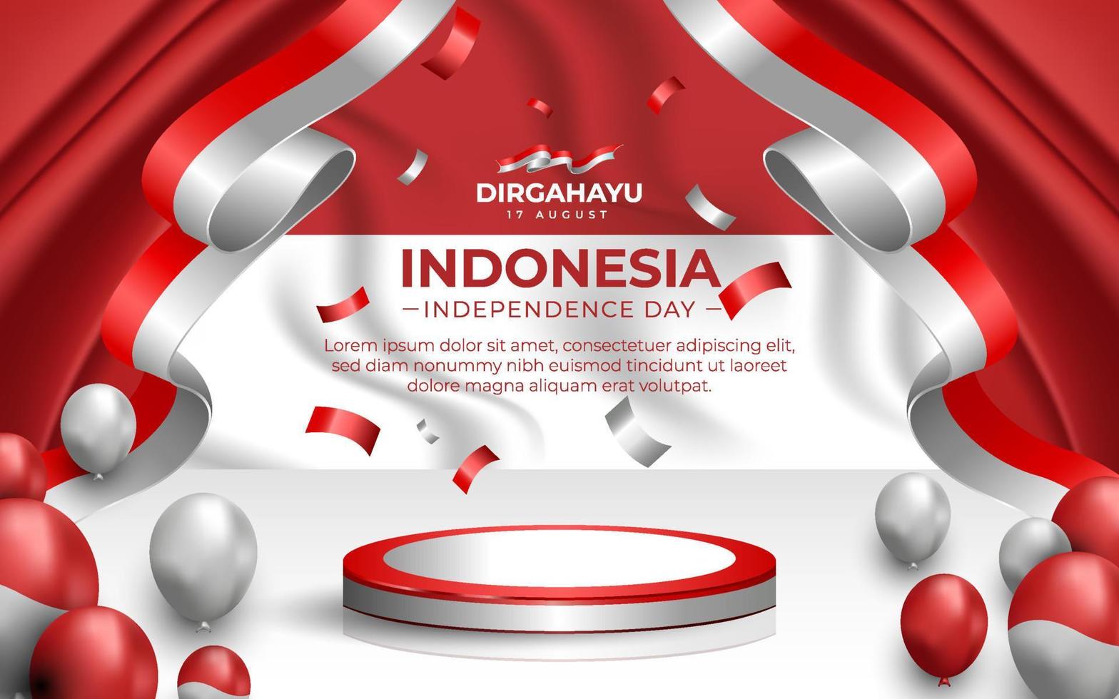 plantilla de banner de paisaje del día de la independencia de indonesia con fondo de bandera de indonesia y podio vector