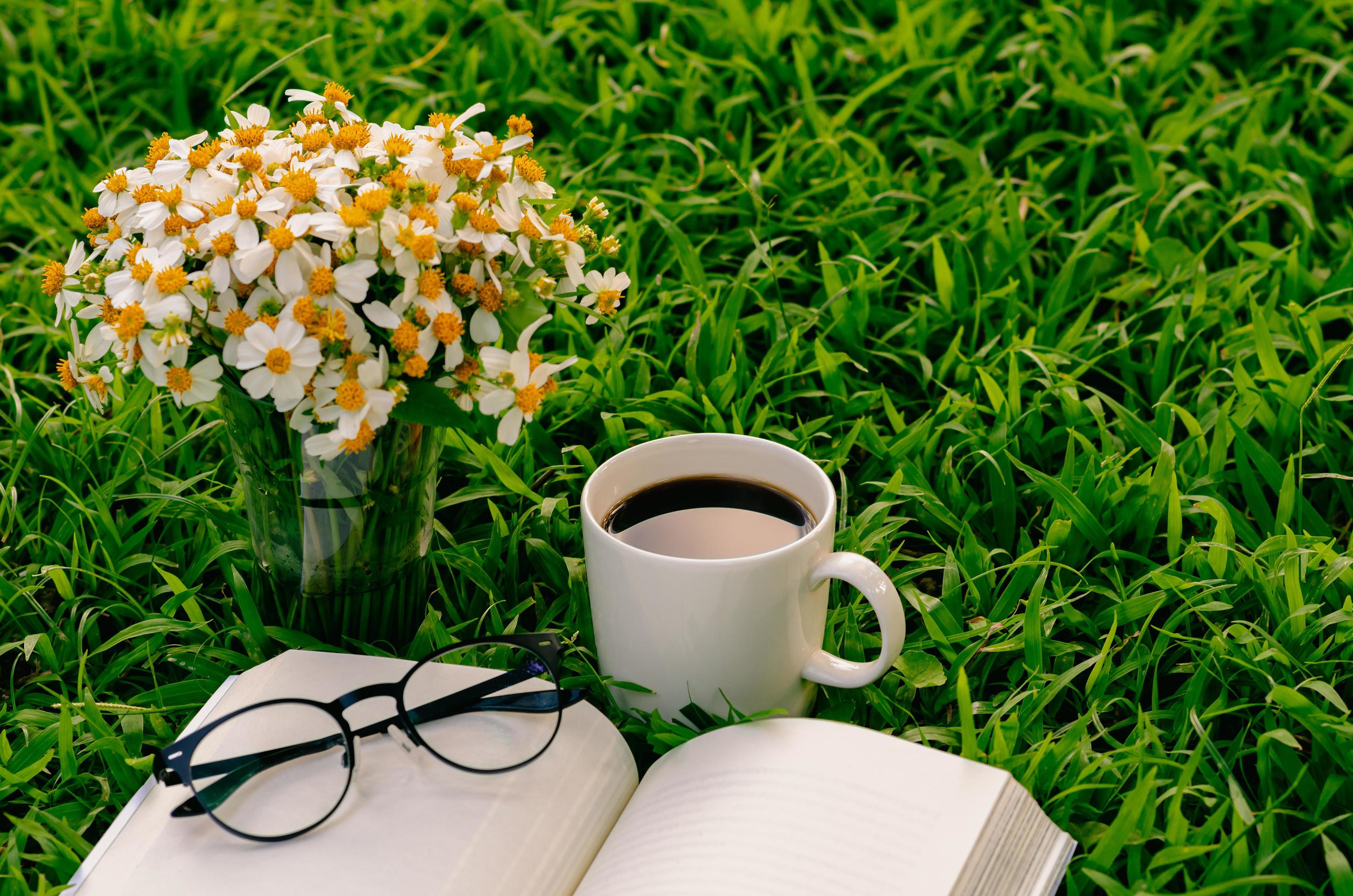 Leisure in morning at garden with coffee, book and flowers on the lawn.  8927555 Stock Photo at Vecteezy