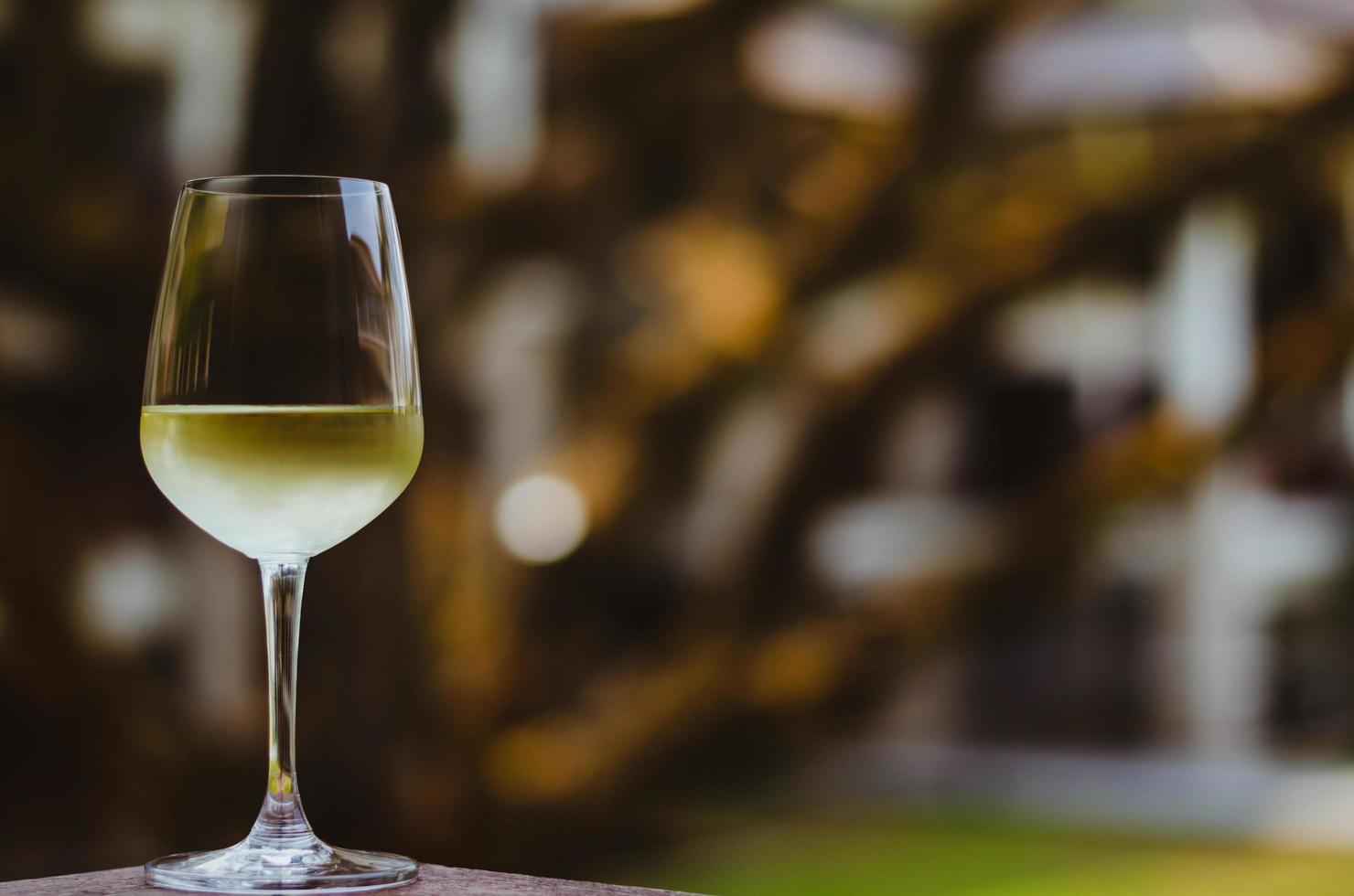 A glass of white wine on table with blurry tree background. photo