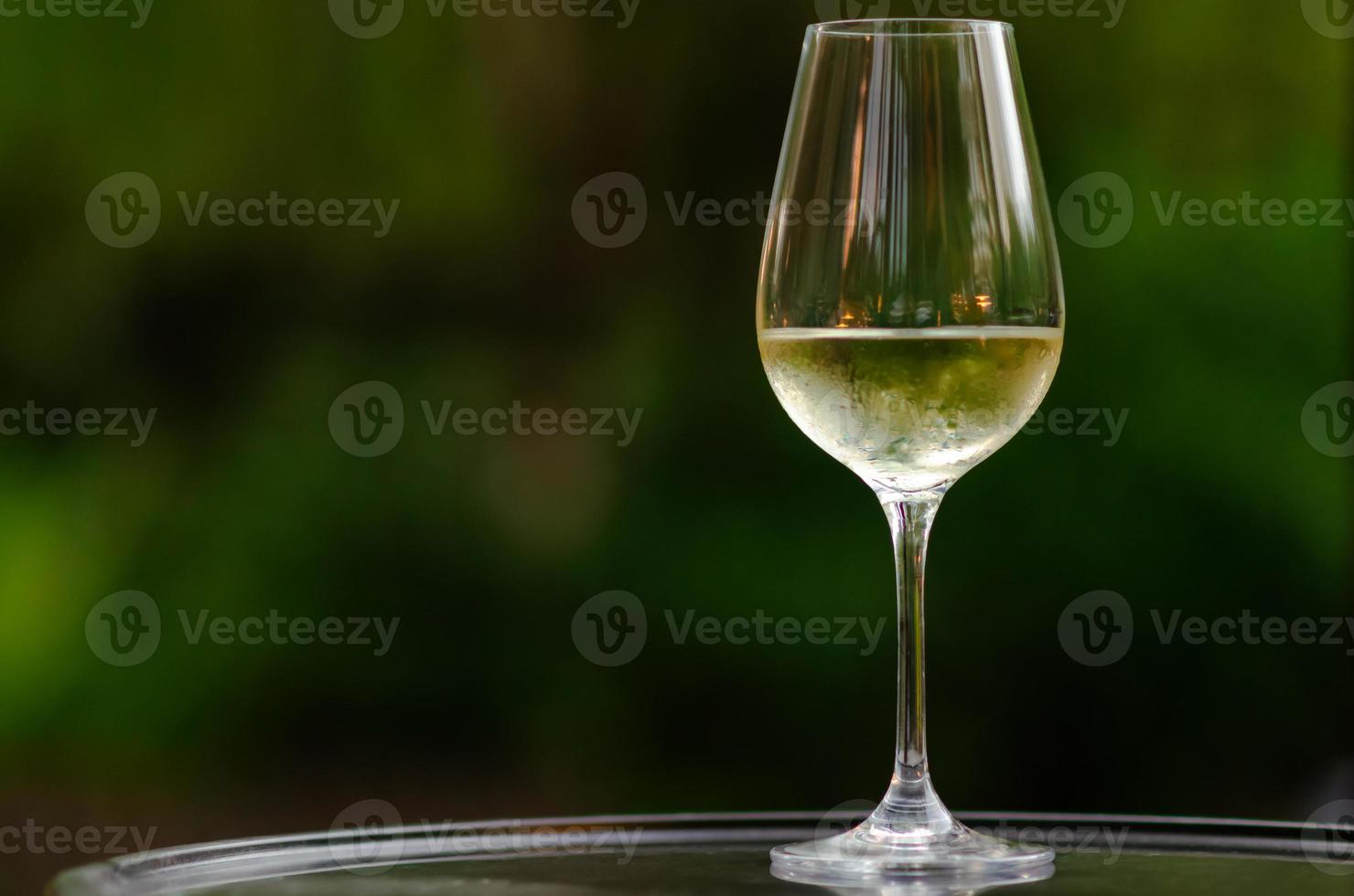 A glass of white wine on table with green background from garden. photo