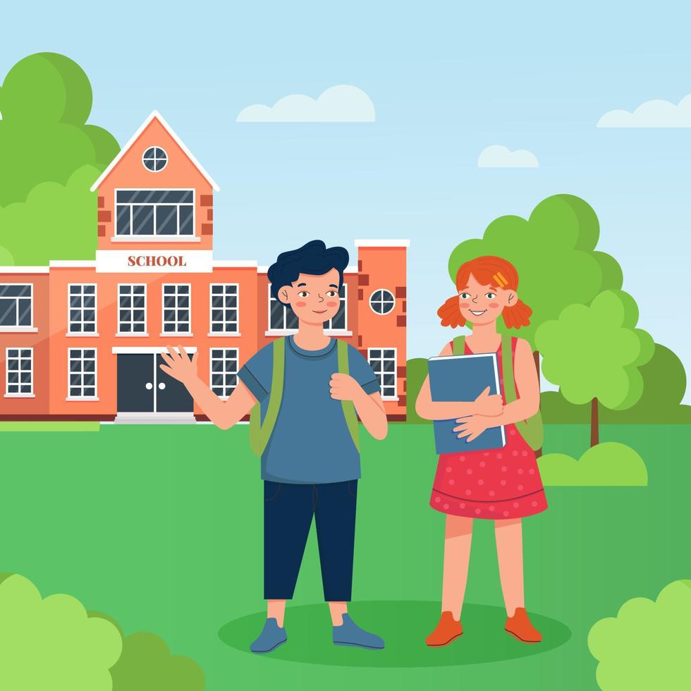 The concept of Back to School.Children in the school garden on the background of a school building . Vector illustration in a flat style