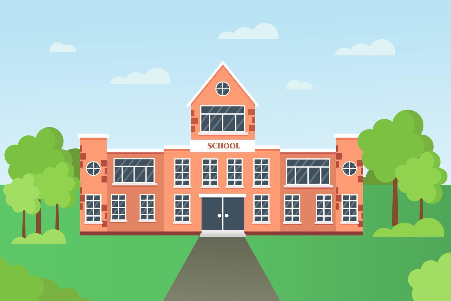 Back to school concept.School building with landscape. Vector illustration in flat style