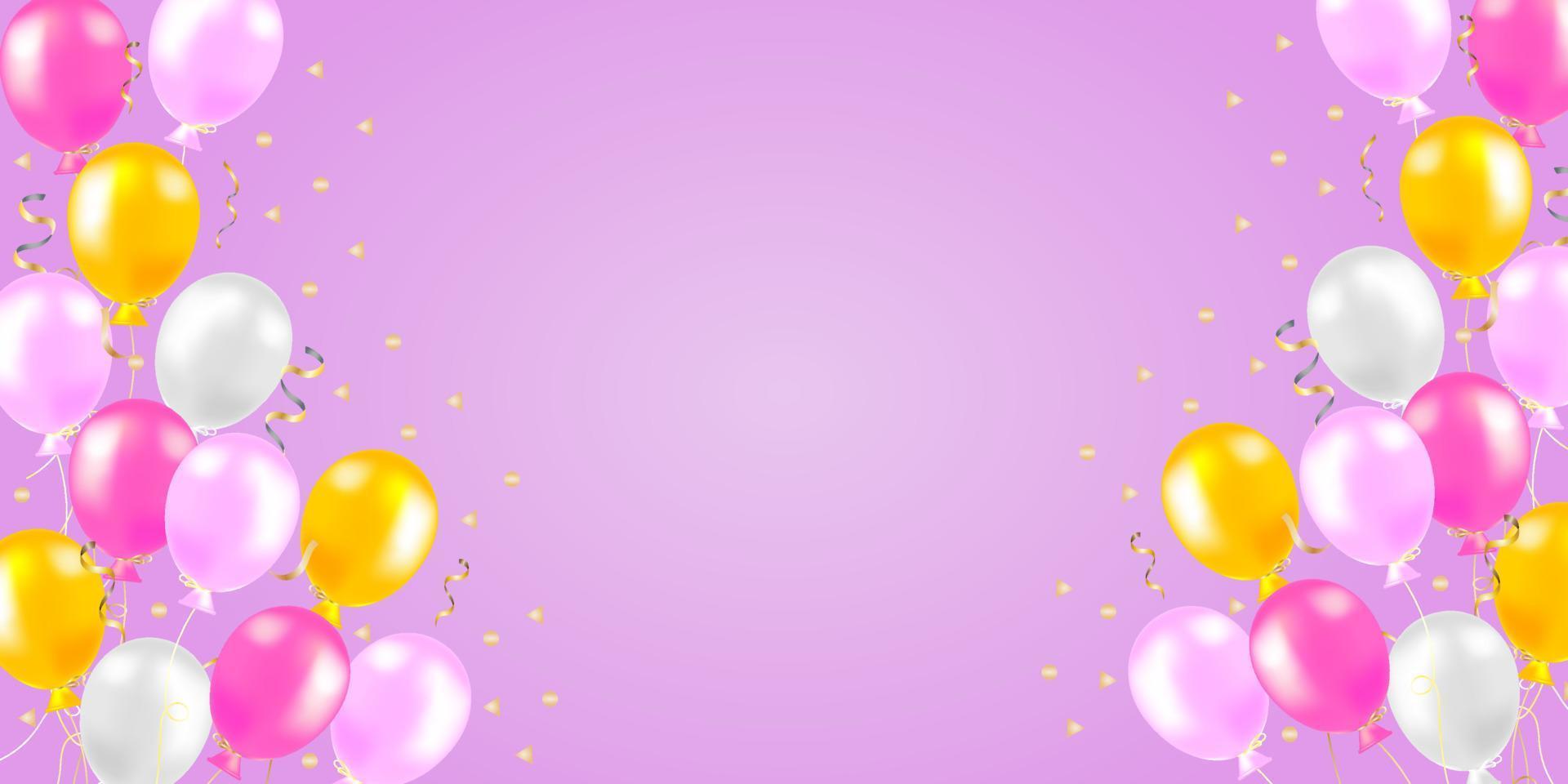 fondo de globos de eventos especiales, globos de aire realistas de color rosa y amarillo y confeti sobre fondo rosa. concepto festivo de tarjeta de felicitación o pancarta. ilustración vectorial vector