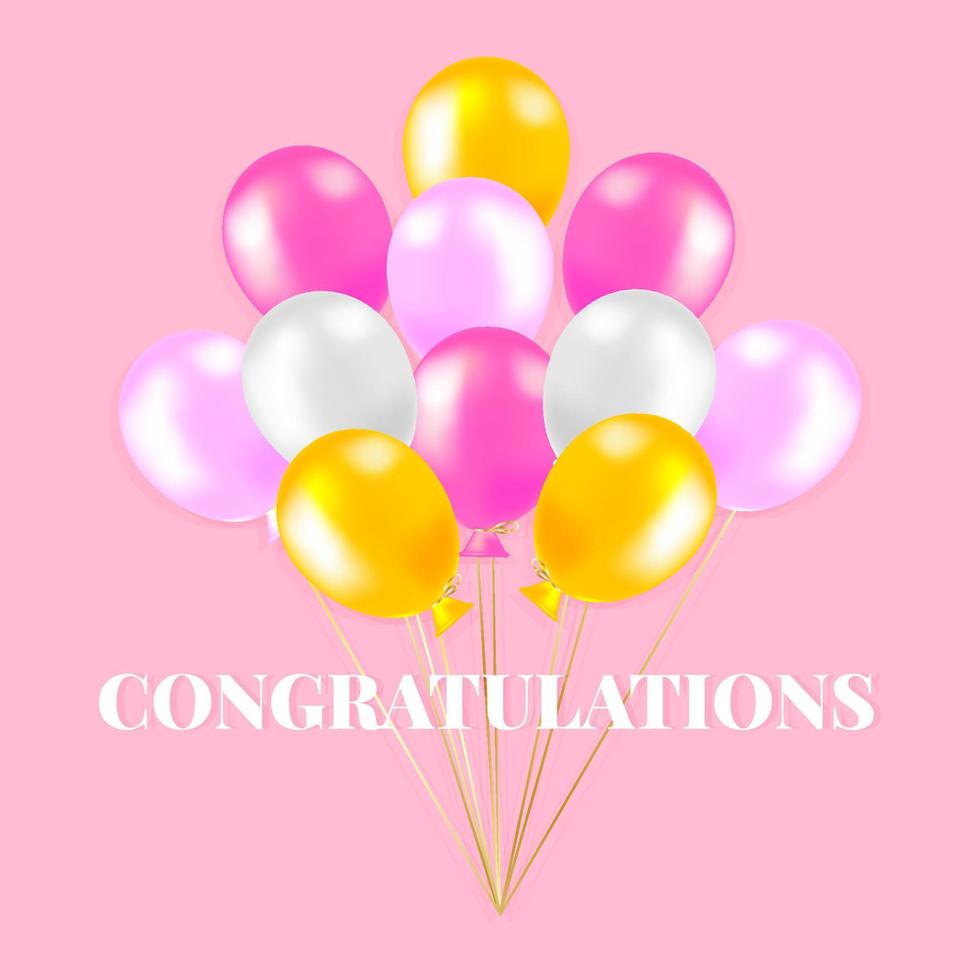 Balloon background for special events, realistic pink and yellow balloons and confetti on pink background. The festive concept of a greeting card or banner. The inscription congratuations vector