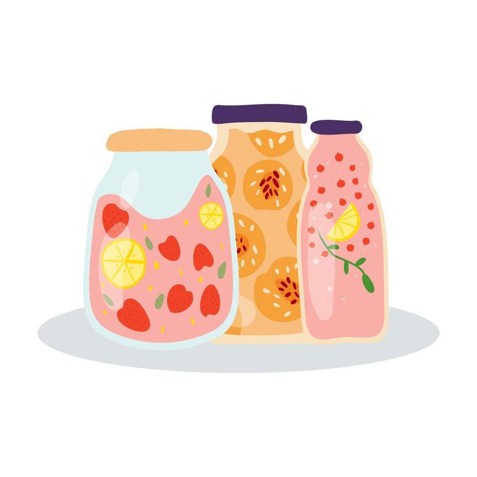Homemade jar for fruit canning Glass jars, compotes and berry fruit drinks. Winter supplies. Autumn harvest season. vector