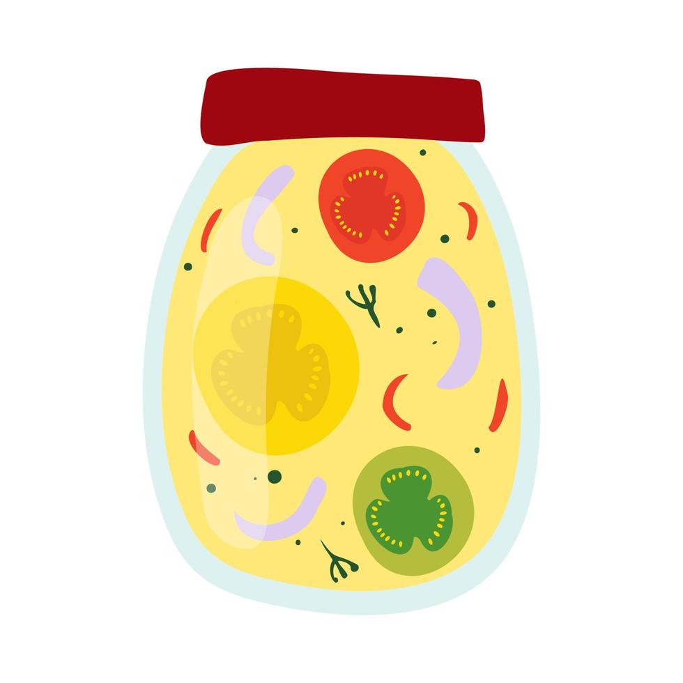 Homemade jar for preserving fruits and vegetables.Glass jars with canned vegetables, compotes and berry jams. Winter supplies. Autumn harvest season. vector