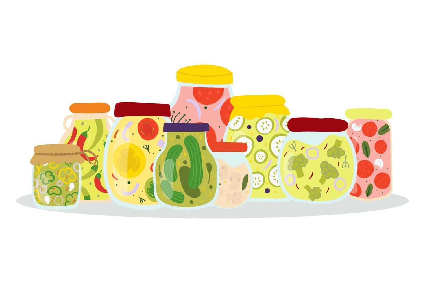 Homemade jar for canning vegetables. Glass jars with pickled vegetables. Winter deliveries. Autumn harvest season. vector