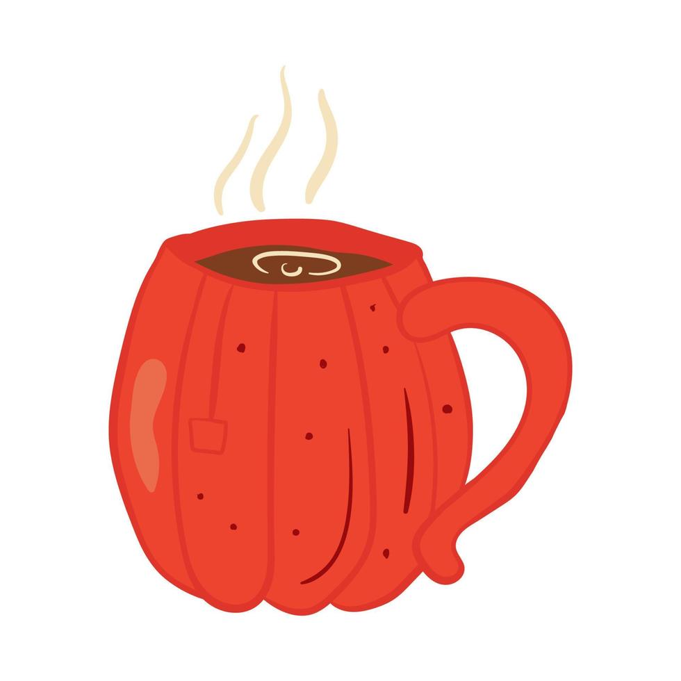 A cup of coffee in the shape of a pumpkin . Vector illustration with doodles on the theme of cozy autumn.A cute element for greeting cards, posters, stickers and seasonal design.