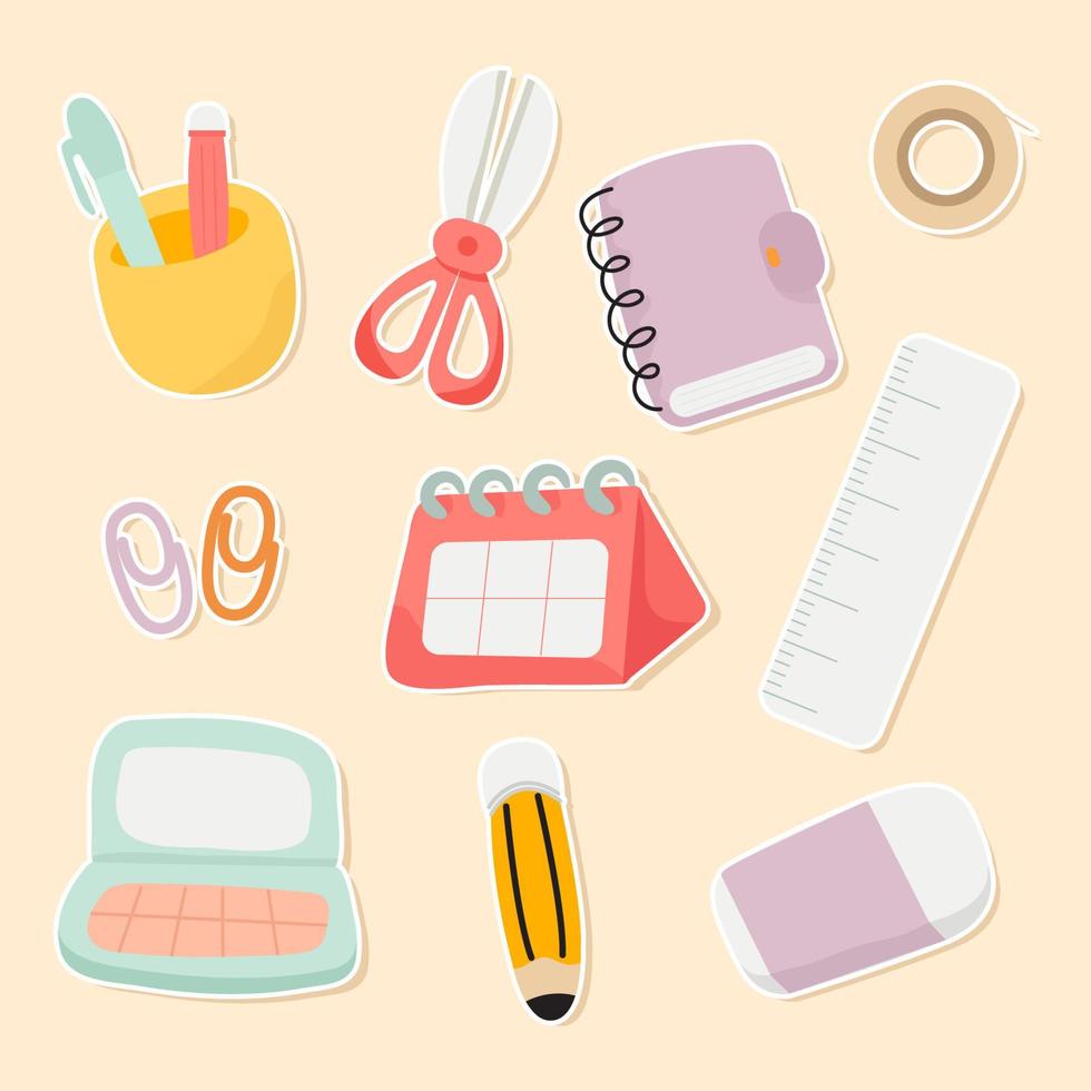 Vector illustration stickers with school supplies. Collection back to school. isolated background