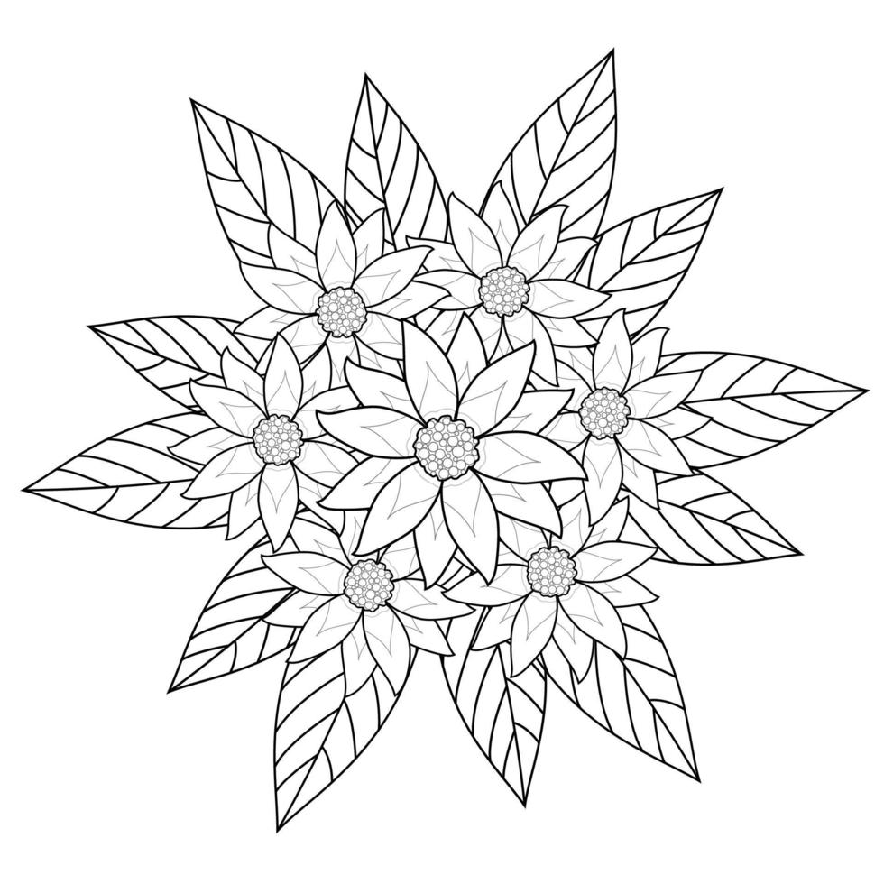 ramo de flores y hojas dibujadas a mano con flores en blanco y negro para un libro de colorear para adultos. vector