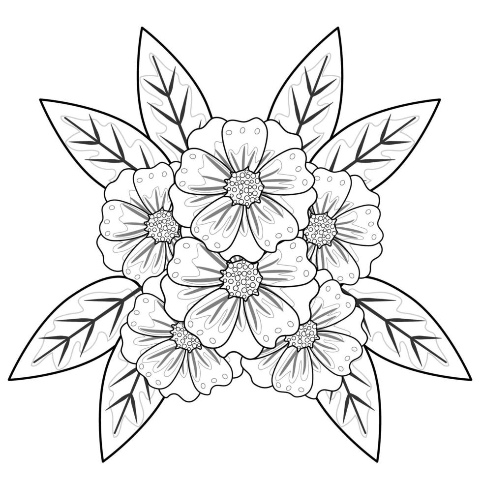 ramo de flores y dejar dibujo de flores a mano en blanco y negro para el libro de colorear para adultos. vector