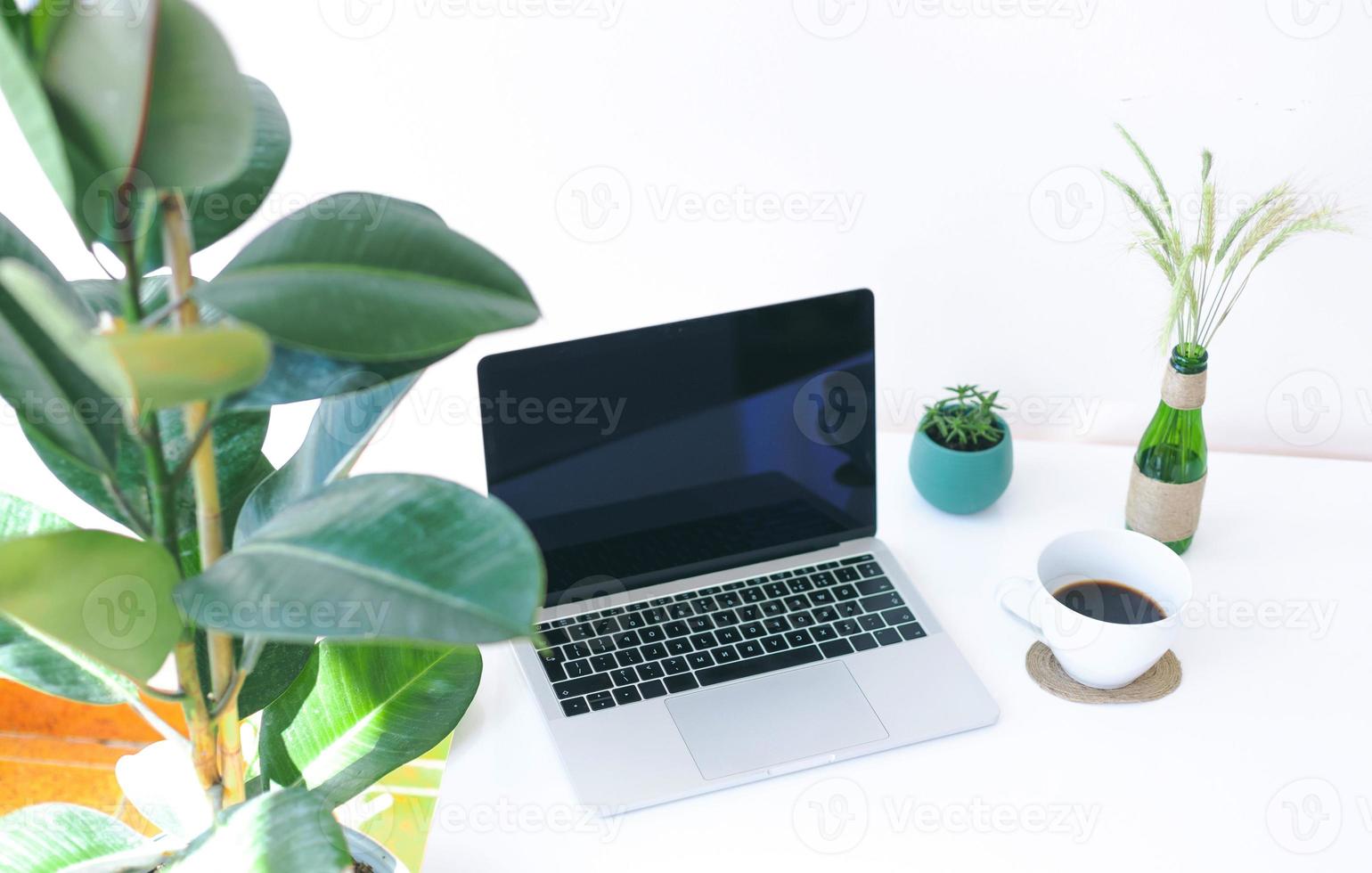 lugar de trabajo independiente, computadora portátil, taza de café y planta en maceta en la mesa blanca foto