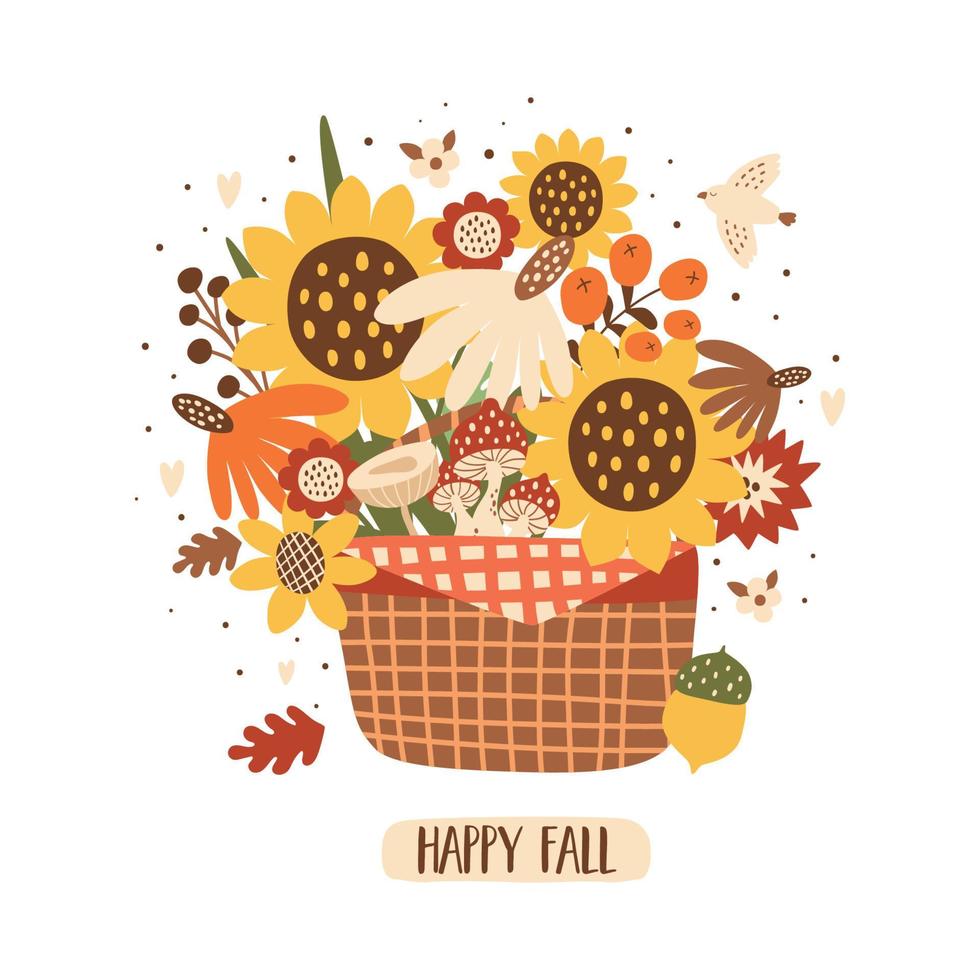 Fall bouquet Sunflowers autumn bouquet in basket. Fall flowers composition isolated on white. Autumn floral vector illustration. Happy fall card, poster. Hand drawn autumn flowers, mushroom, bird.