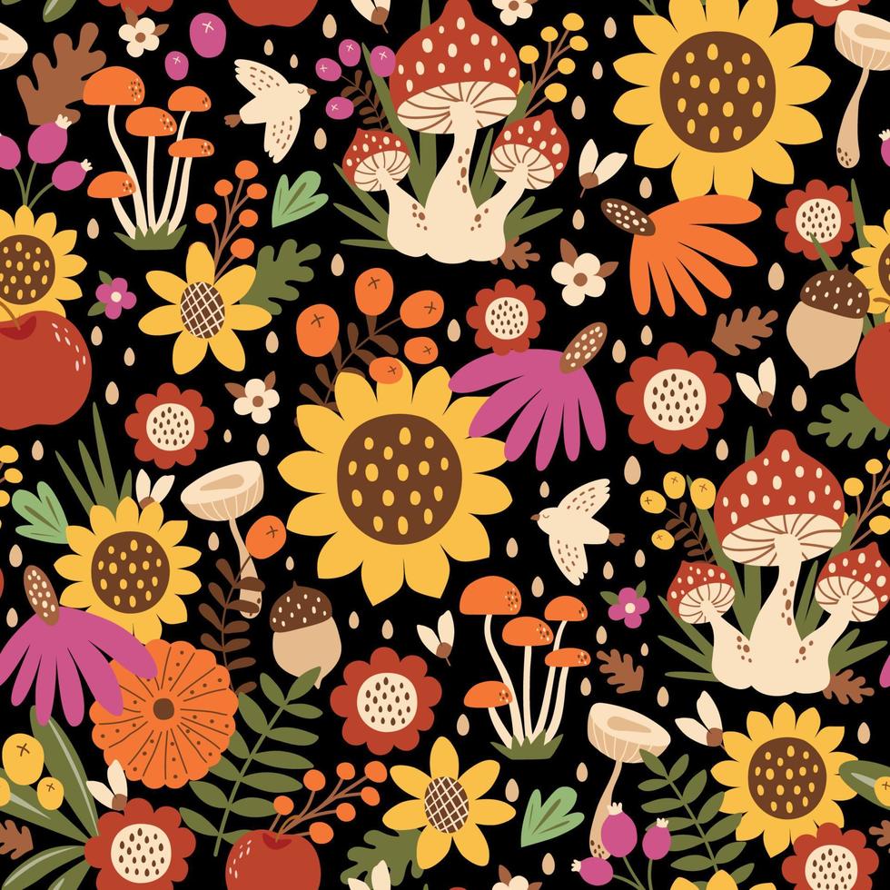 patrón de girasol sobre fondo oscuro. patrón floral sin fisuras de otoño, girasoles, champiñones, pájaro, calabaza. ilustración vectorial de caída. textil de otoño dibujado a mano, estampado, papel pintado, paquete. diseño de otoño. vector