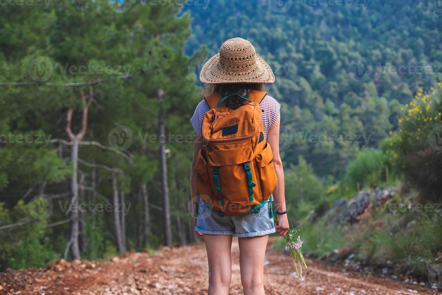 A woman with a backpack and a straw hat on a mountain path photo