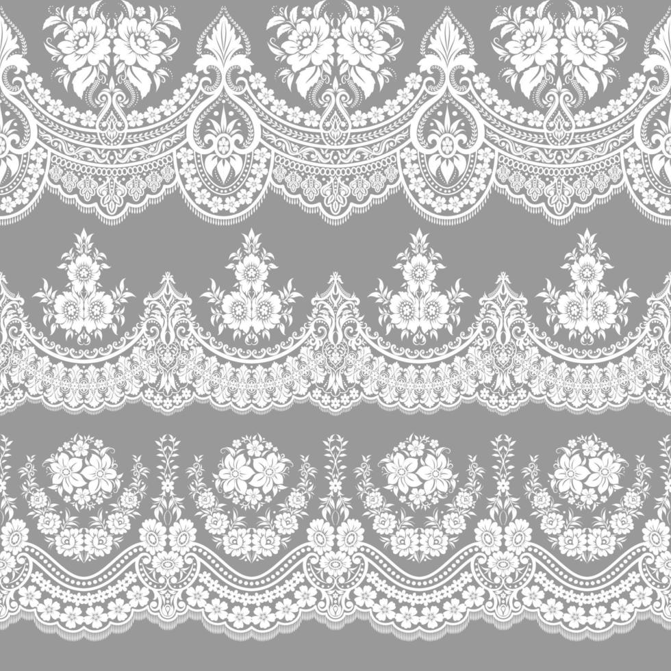 Collection of elegant vintage style fabric embroidered laces. Vector stock illustration. black on white background, isolated.