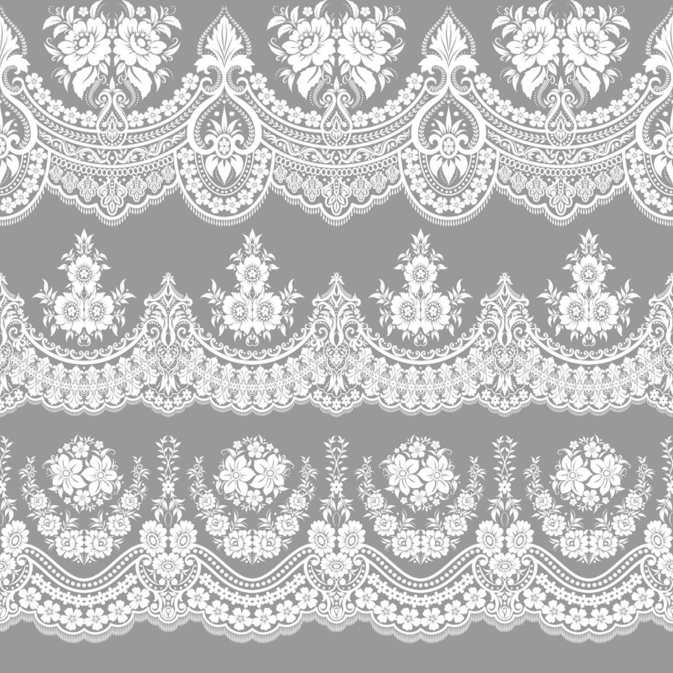 Collection of elegant vintage style fabric embroidered laces. Vector stock illustration. black on white background, isolated.