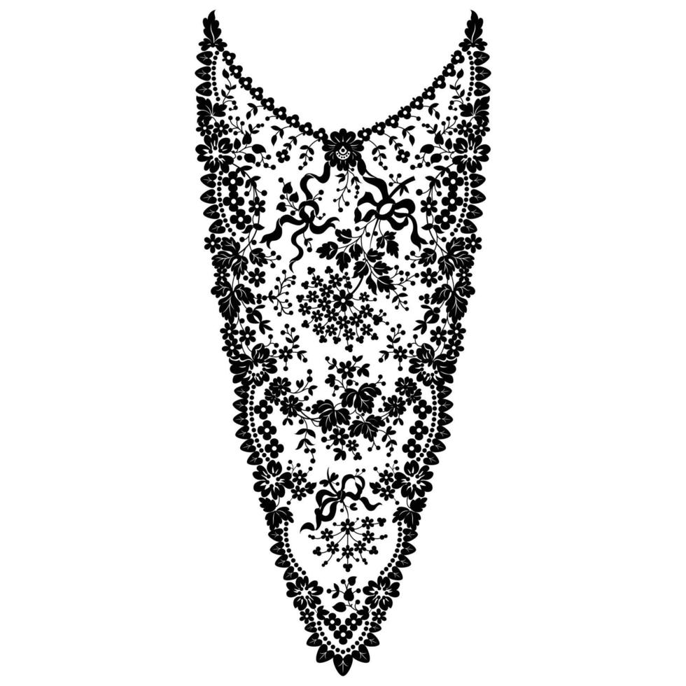 Neckline design. Black and white floral lace pattern embroidery textile leaves dots doodle ornament. vector