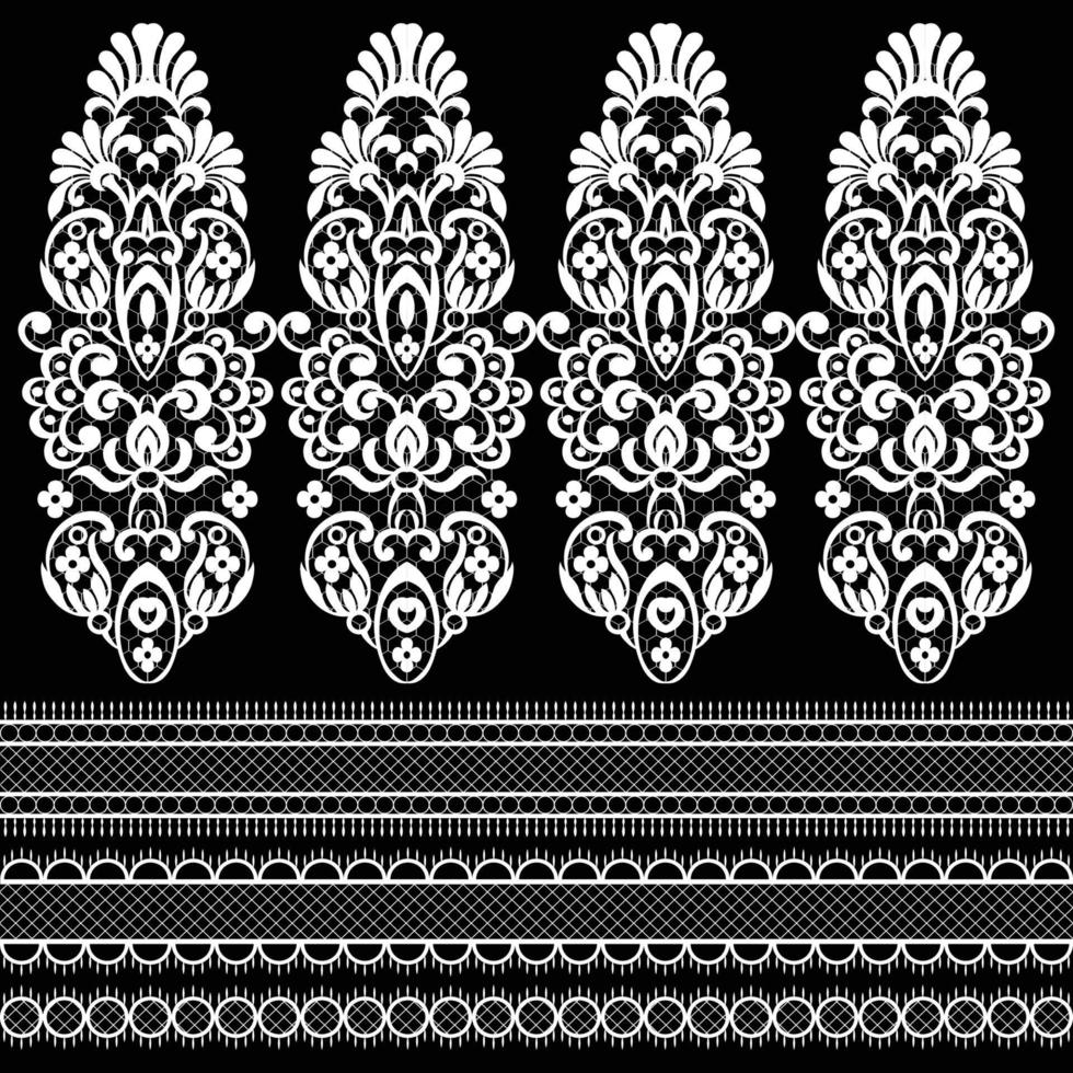 Collection of elegant vintage style fabric embroidered laces. Vector stock illustration. black on white background, isolated.