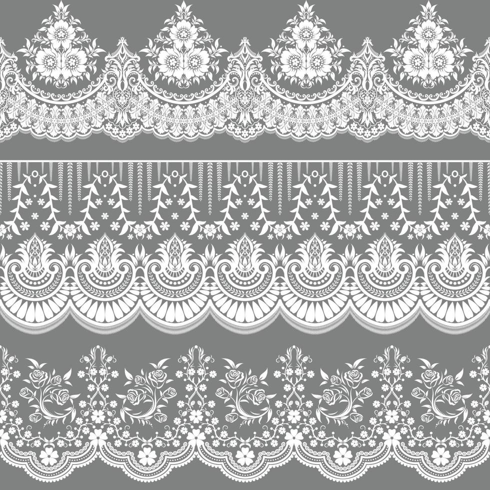 Collection of elegant vintage style fabric embroidered laces. Vector stock illustration. black on white background, isolated.