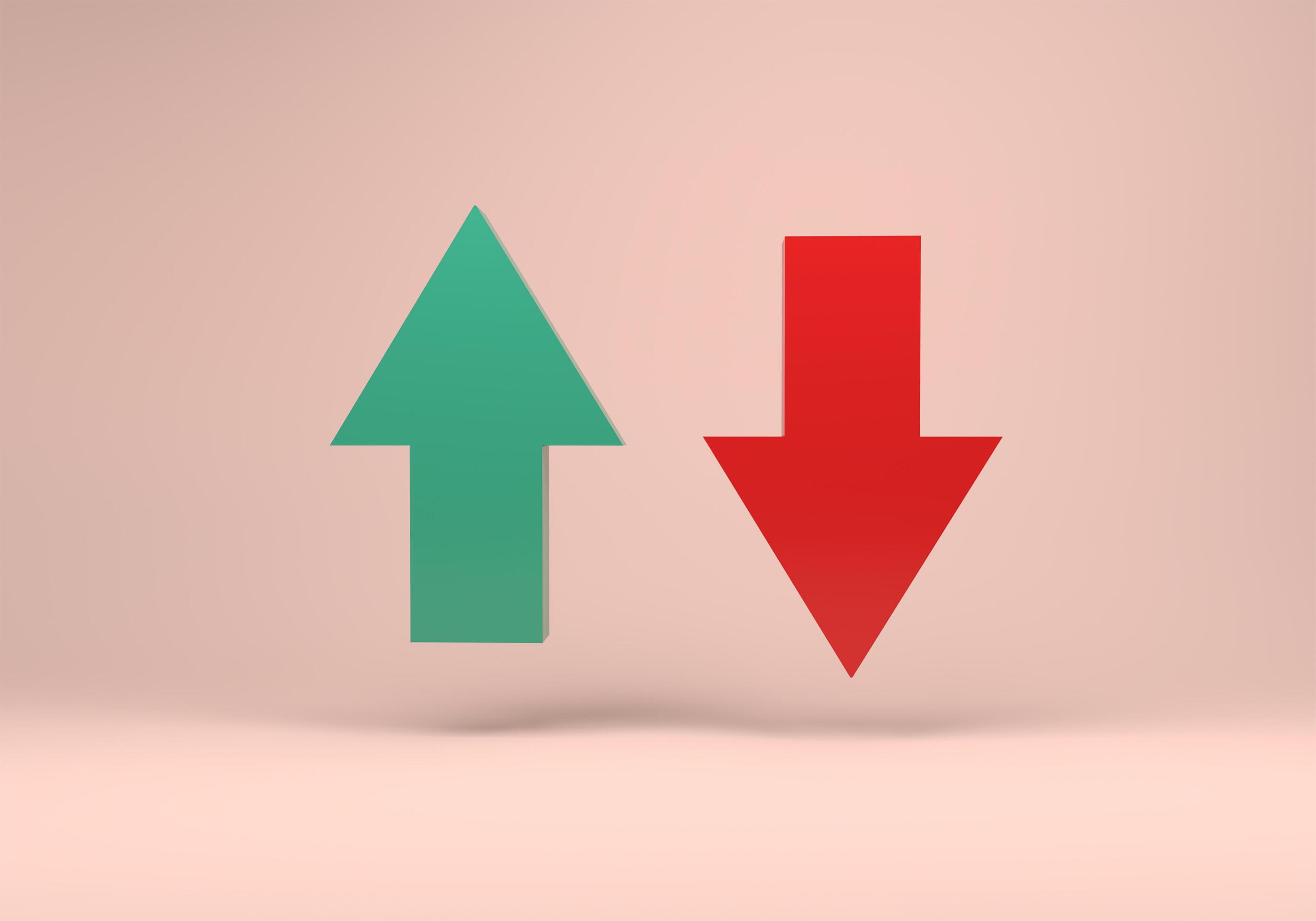 3d render of Green up arrow and red down arrow on Pink background