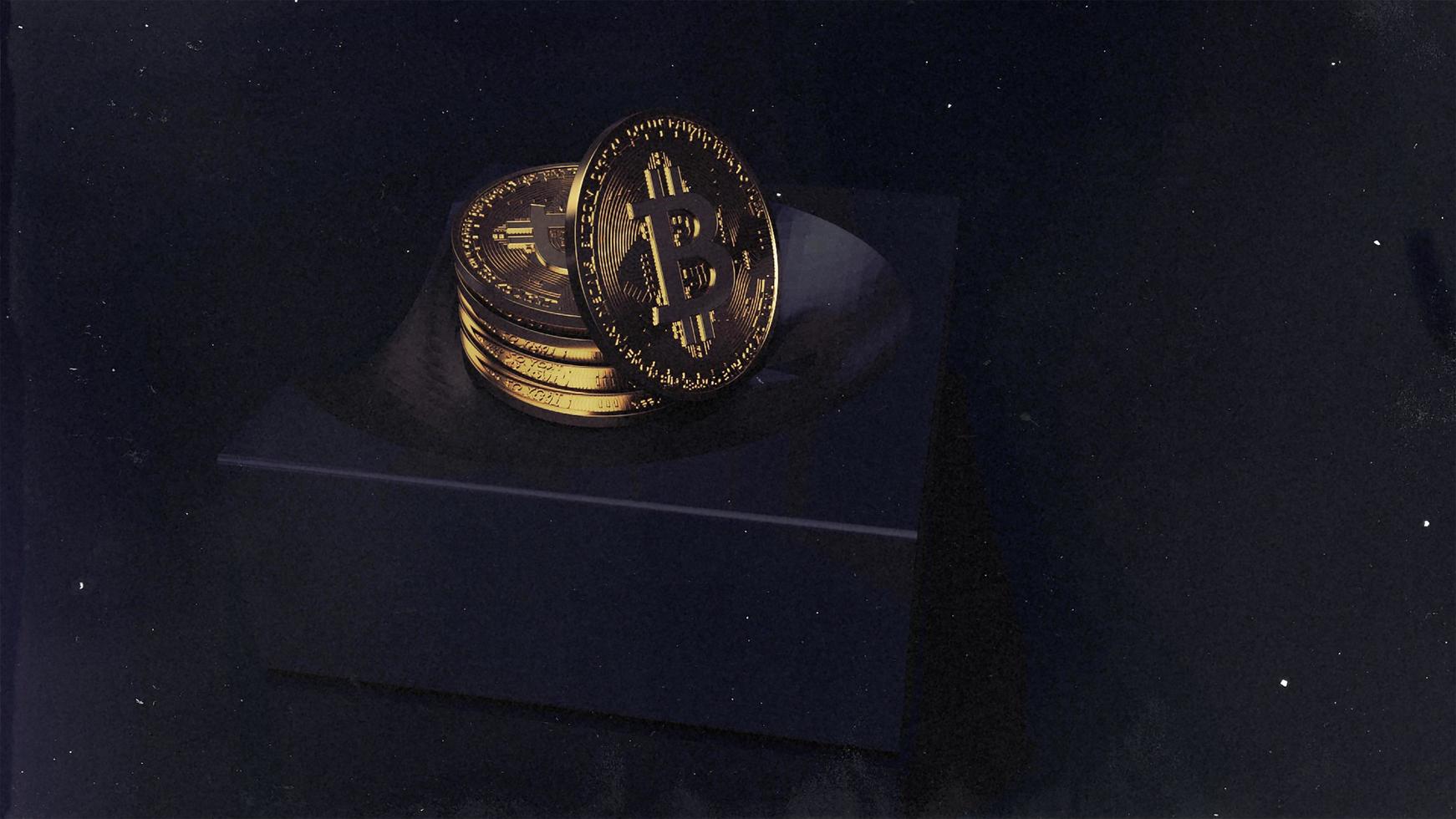 stack of bitcoin on tray digital currency. Cryptocurrency BTC the new virtual money Close up 3D render of golden Bitcoins on black background photo