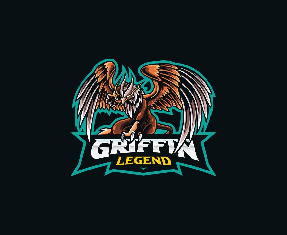 diseño del logo de la mascota griffin. Ilustración de vector de criatura mitológica grifo. ilustración del logotipo para mascota o símbolo e identidad, emblema deportivo o equipo de juegos de deportes electrónicos