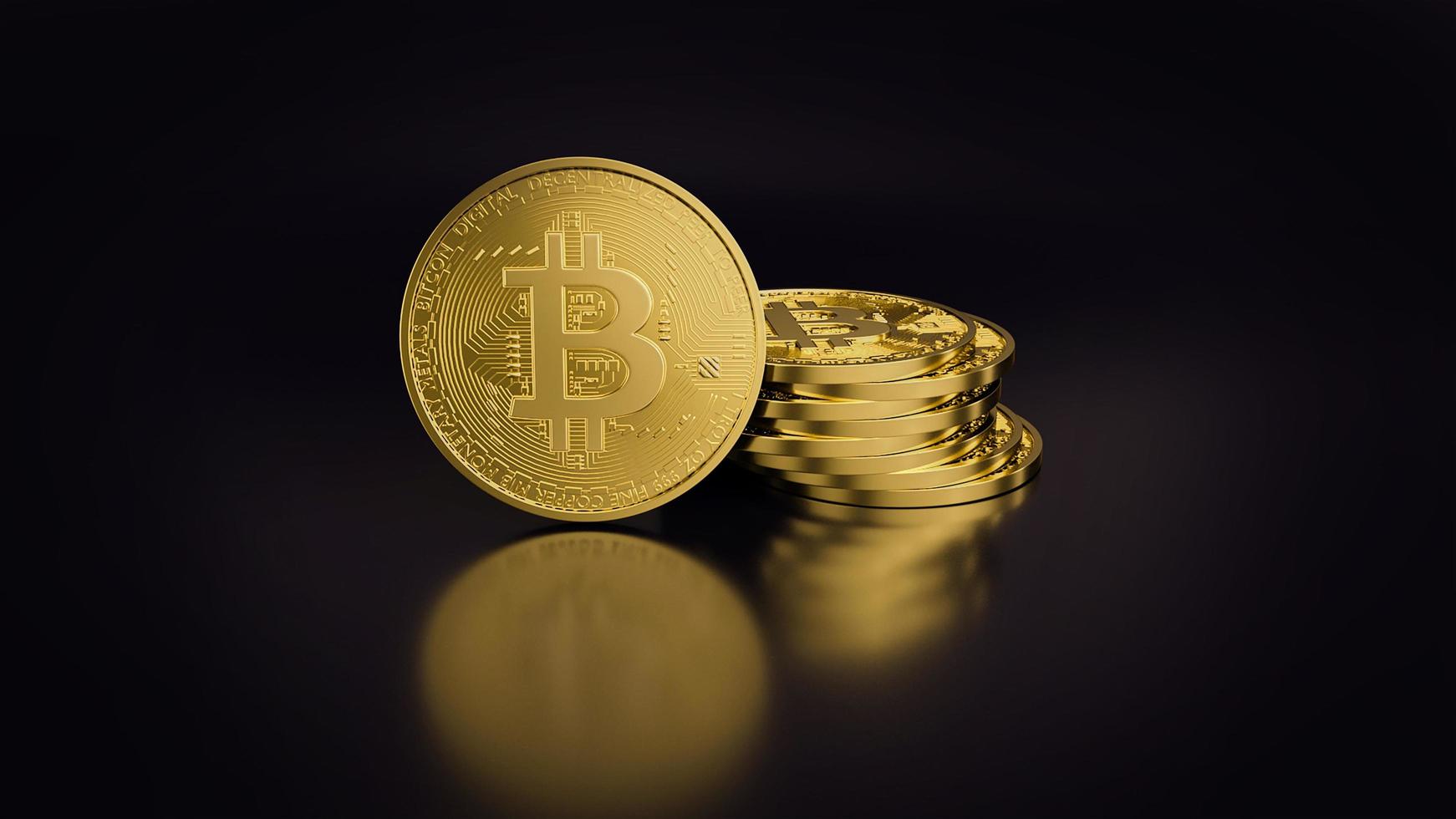 pila de moneda digital bitcoin. cryptocurrency btc el nuevo dinero virtual cerrar render 3d de bitcoins dorados sobre fondo negro foto