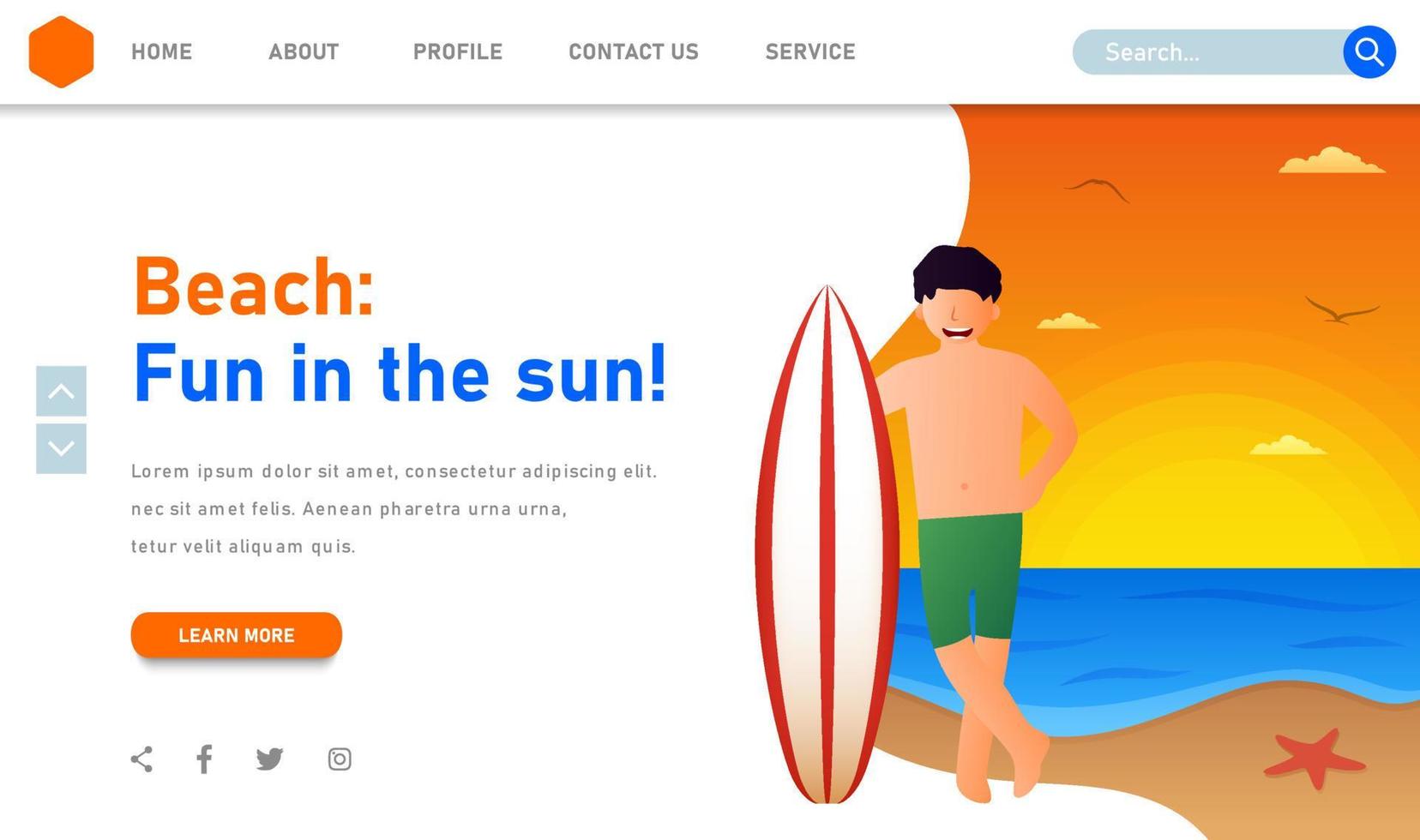 Surfer website landing page template vector