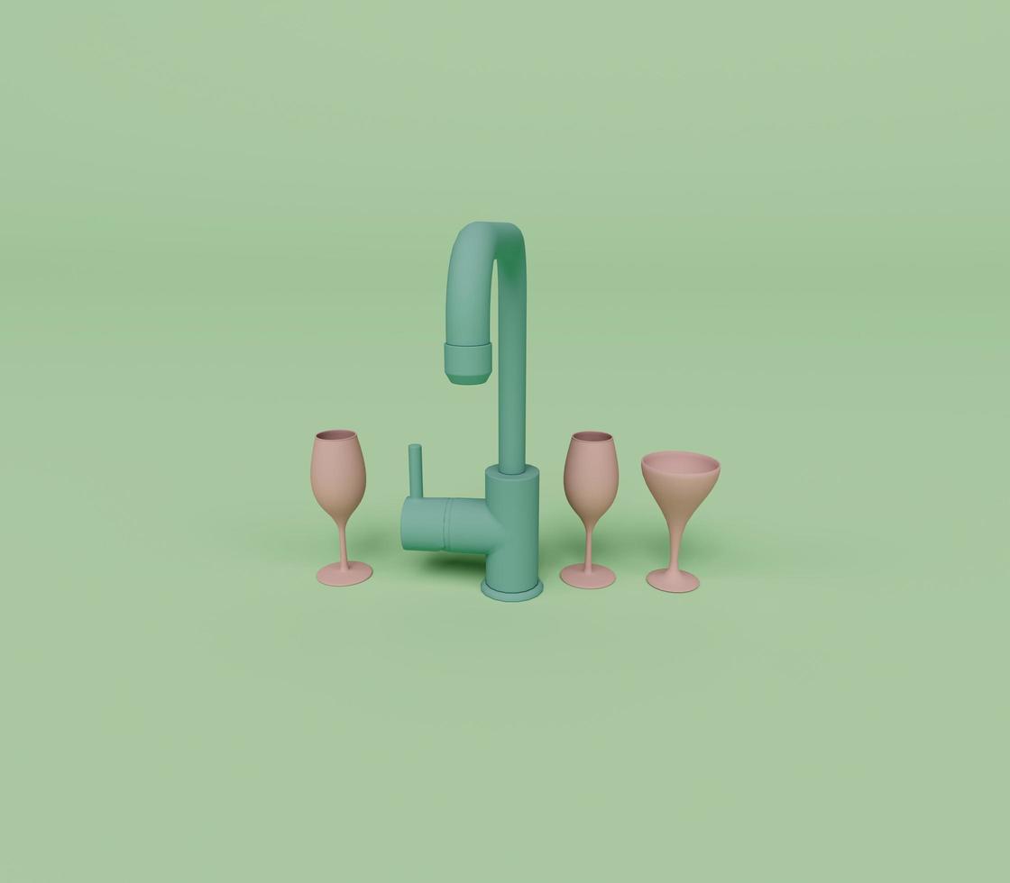 3d render of water tap and Glasses isolated on Pastel background, 3d background minimal scene photo