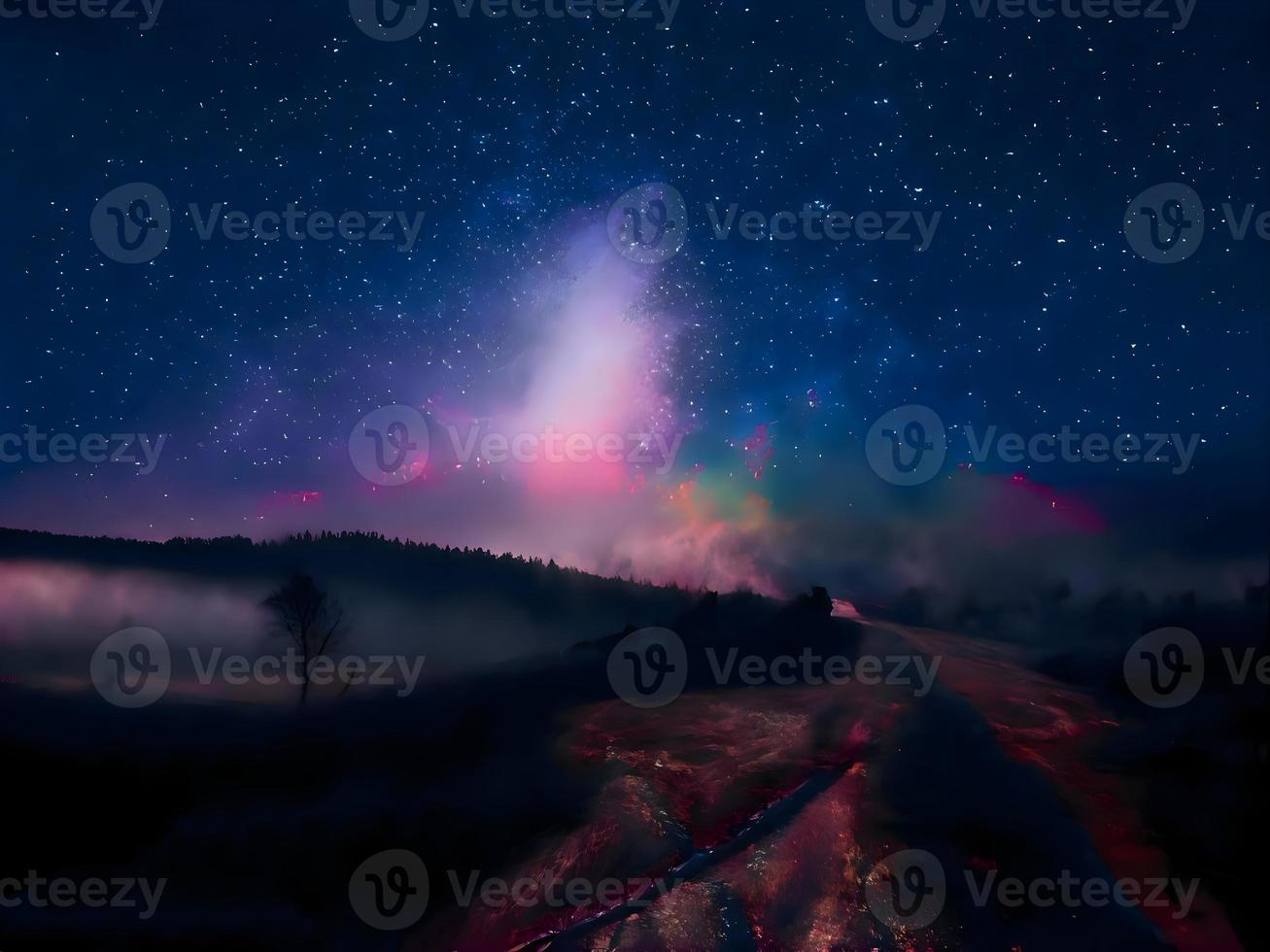 vía láctea y luz rosa en las montañas. paisaje colorido nocturno. cielo estrellado con colinas. hermoso universo. fondo espacial con galaxia. fondo de viaje foto