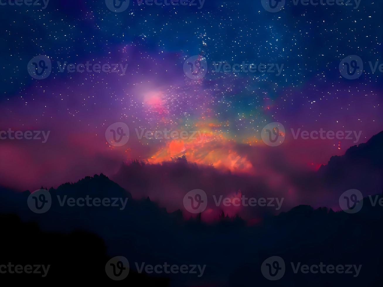 Milky Way and pink light at mountains. Night colorful landscape. Starry sky with hills. Beautiful Universe. Space background with galaxy. Travel background photo