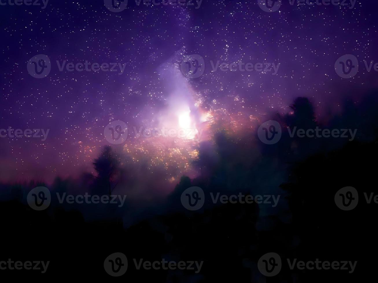 Milky Way and pink light at mountains. Night colorful landscape. Starry sky with hills. Beautiful Universe. Space background with galaxy. Travel background photo