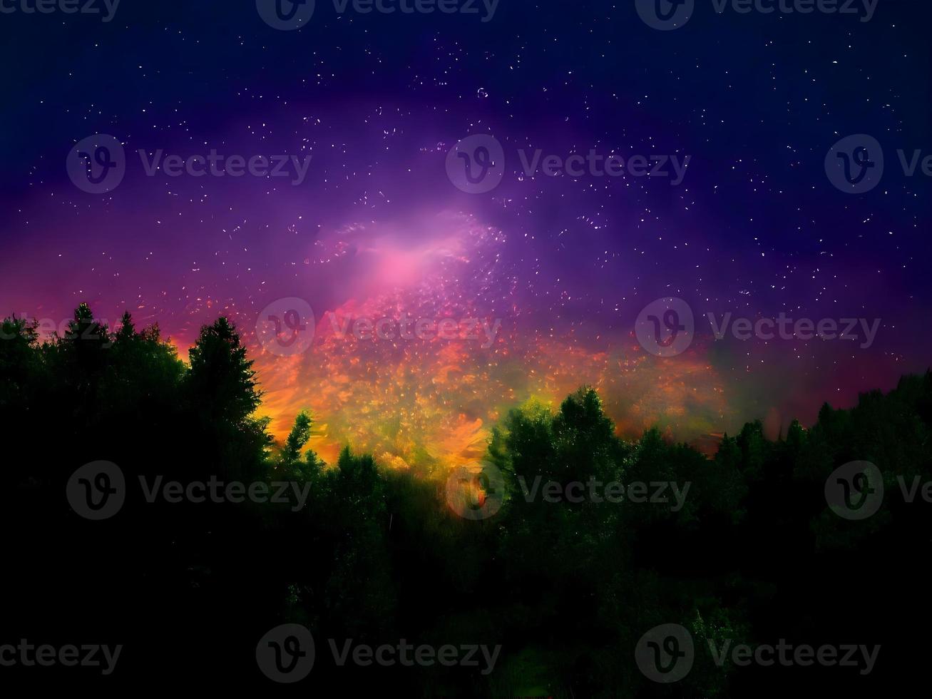 vía láctea y luz rosa en las montañas. paisaje colorido nocturno. cielo estrellado con colinas. hermoso universo. fondo espacial con galaxia. fondo de viaje foto