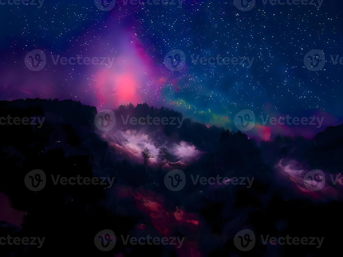 vía láctea y luz rosa en las montañas. paisaje colorido nocturno. cielo estrellado con colinas. hermoso universo. fondo espacial con galaxia. fondo de viaje foto