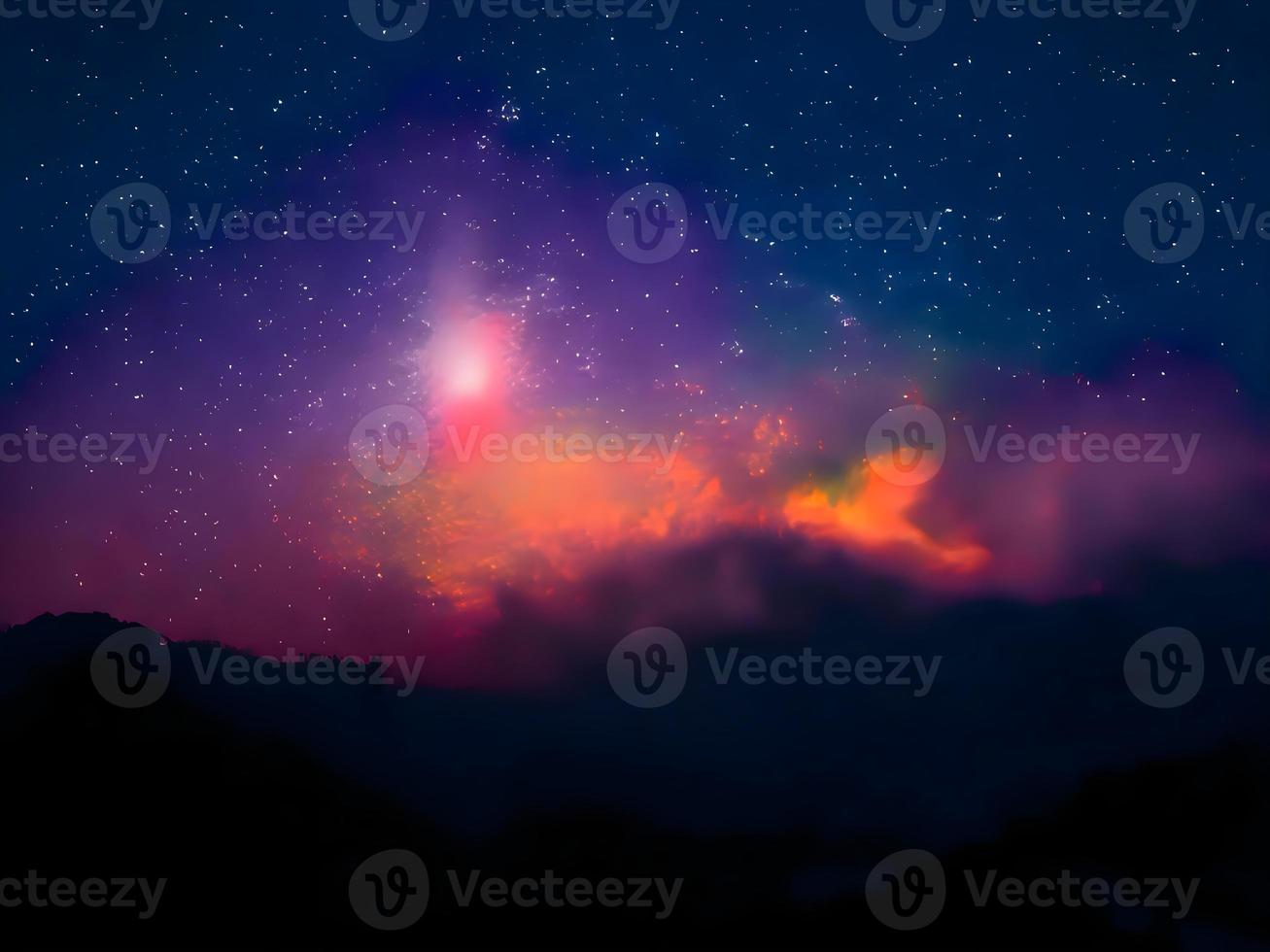 Milky Way and pink light at mountains. Night colorful landscape. Starry sky with hills. Beautiful Universe. Space background with galaxy. Travel background photo